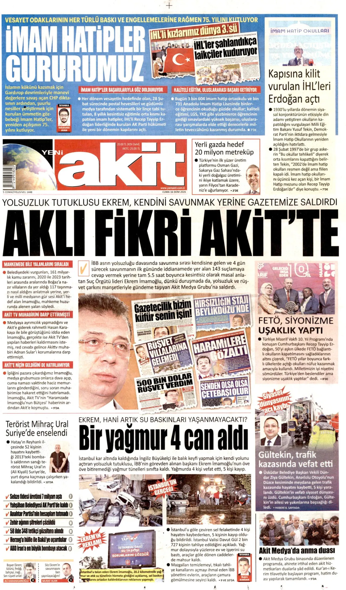 Yeni Akit birinci sayfa manşeti (17 Ekim 2026)
