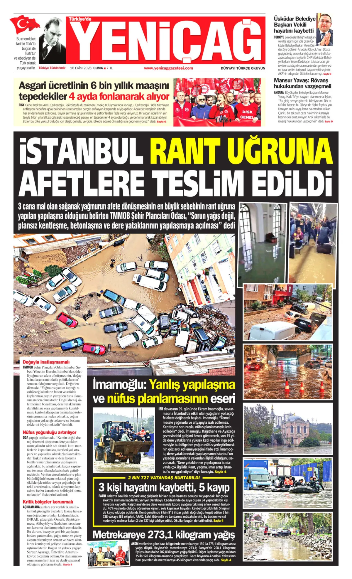 Yeniçağ birinci sayfa manşeti (17 Ekim 2026)