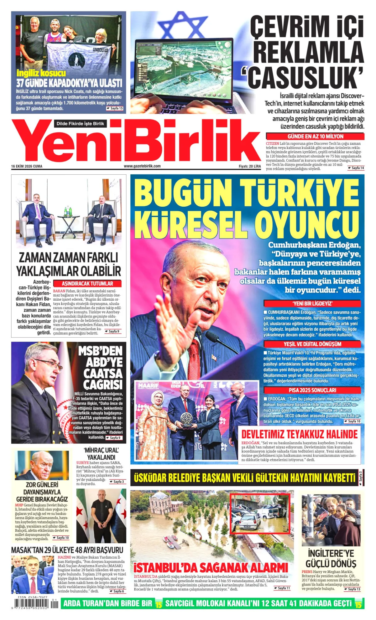 YeniBirlik birinci sayfa manşeti (17 Ekim 2026)