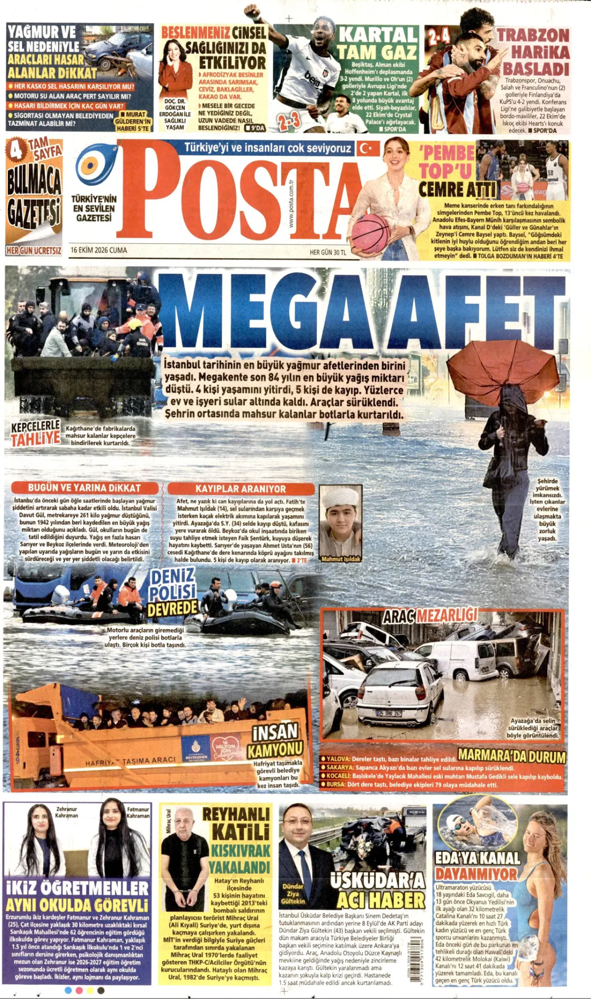 Posta birinci sayfa manşeti (17 Ekim 2026)