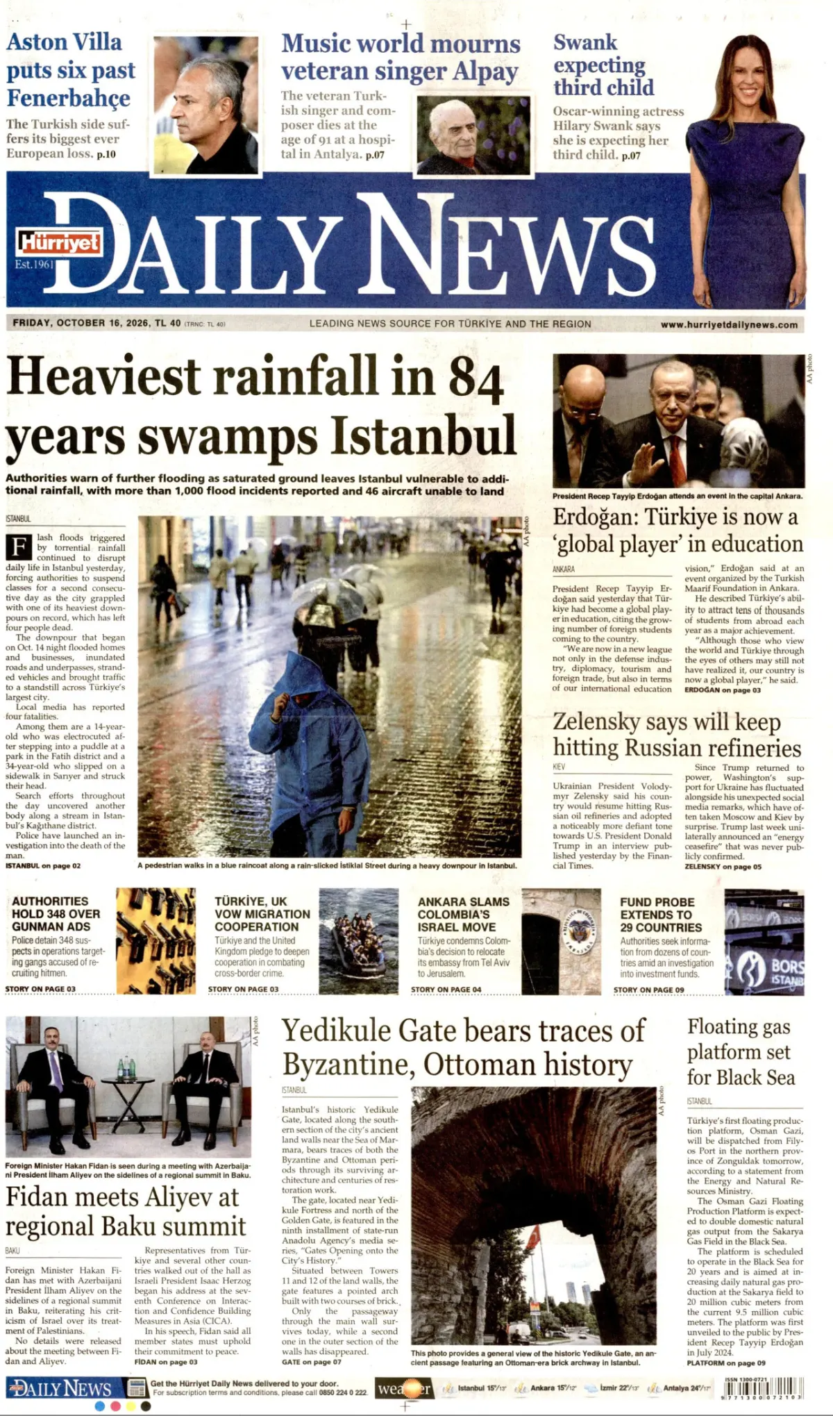 Hürriyet Daily News birinci sayfa manşeti (17 Ekim 2026)