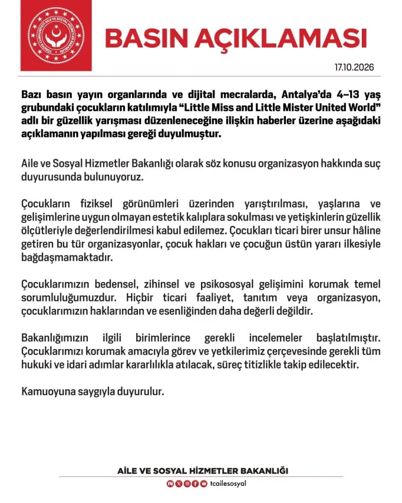 Antalya'daki Çocuk Güzellik Yarışması İddialarına Bakanlıktan Suç Duyurusu