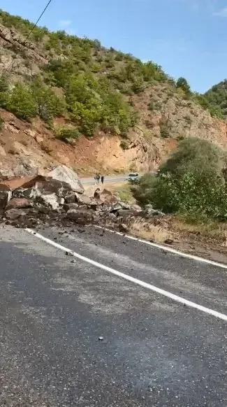 Şavşat'ta Yamaçtan Kopan Kaya Kütleleri Köy Yolunu Ulaşıma Kapattı