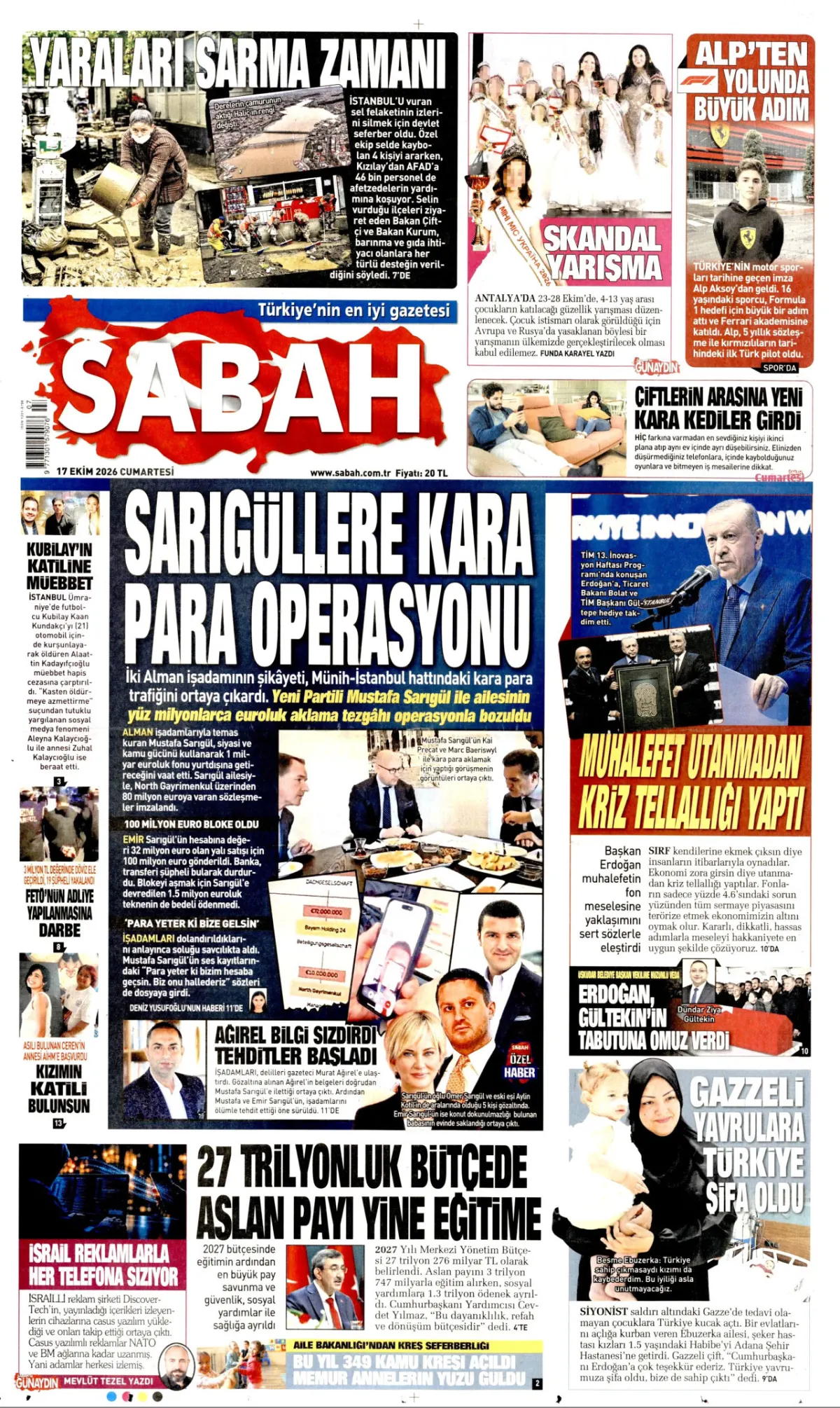 Sabah birinci sayfa manşeti (18 Ekim 2026)
