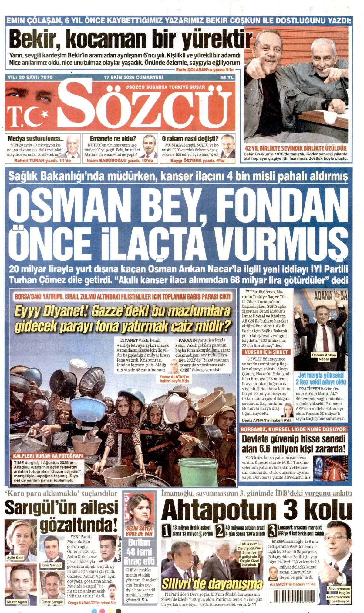 Sözcü birinci sayfa manşeti (18 Ekim 2026)