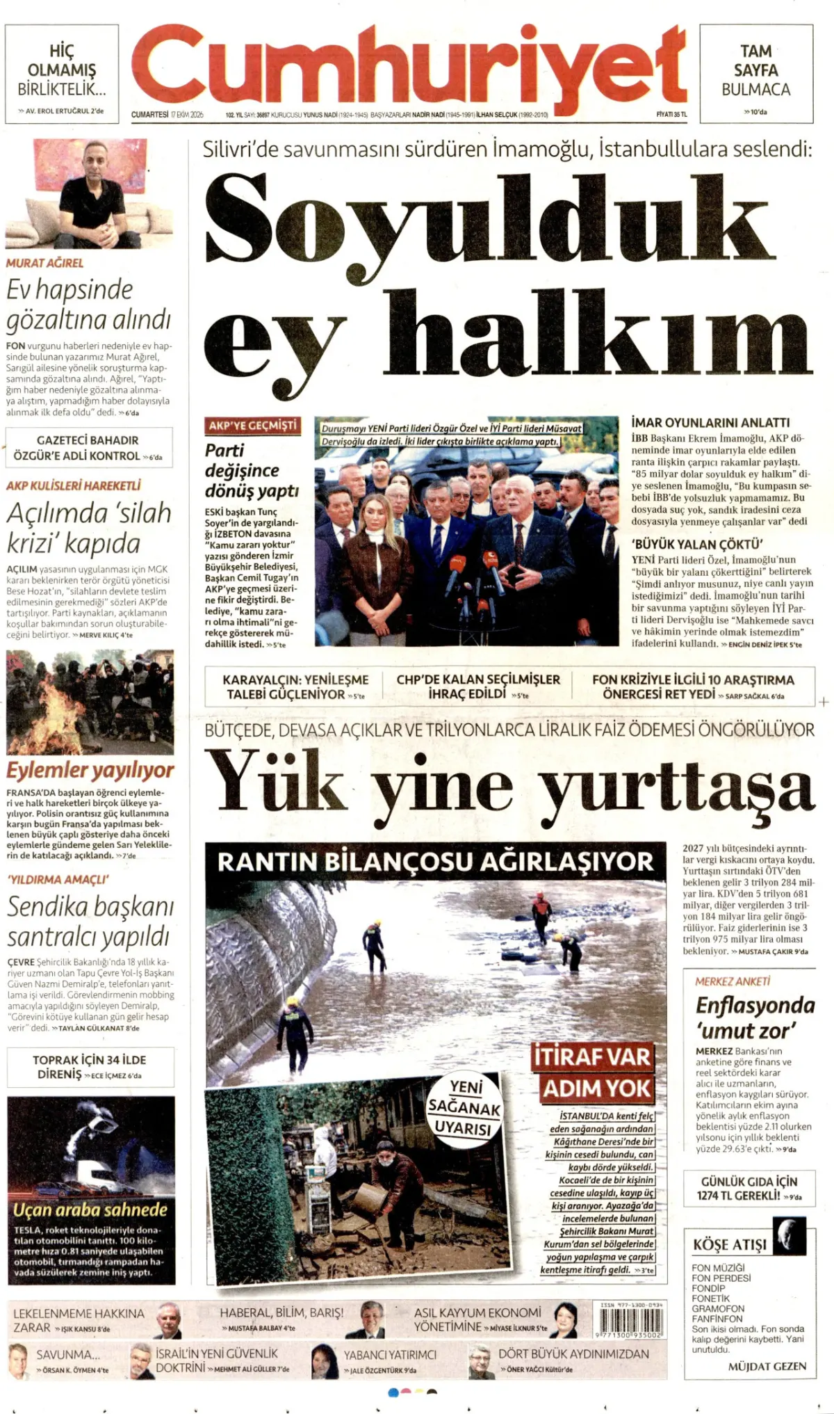 Cumhuriyet birinci sayfa manşeti (18 Ekim 2026)