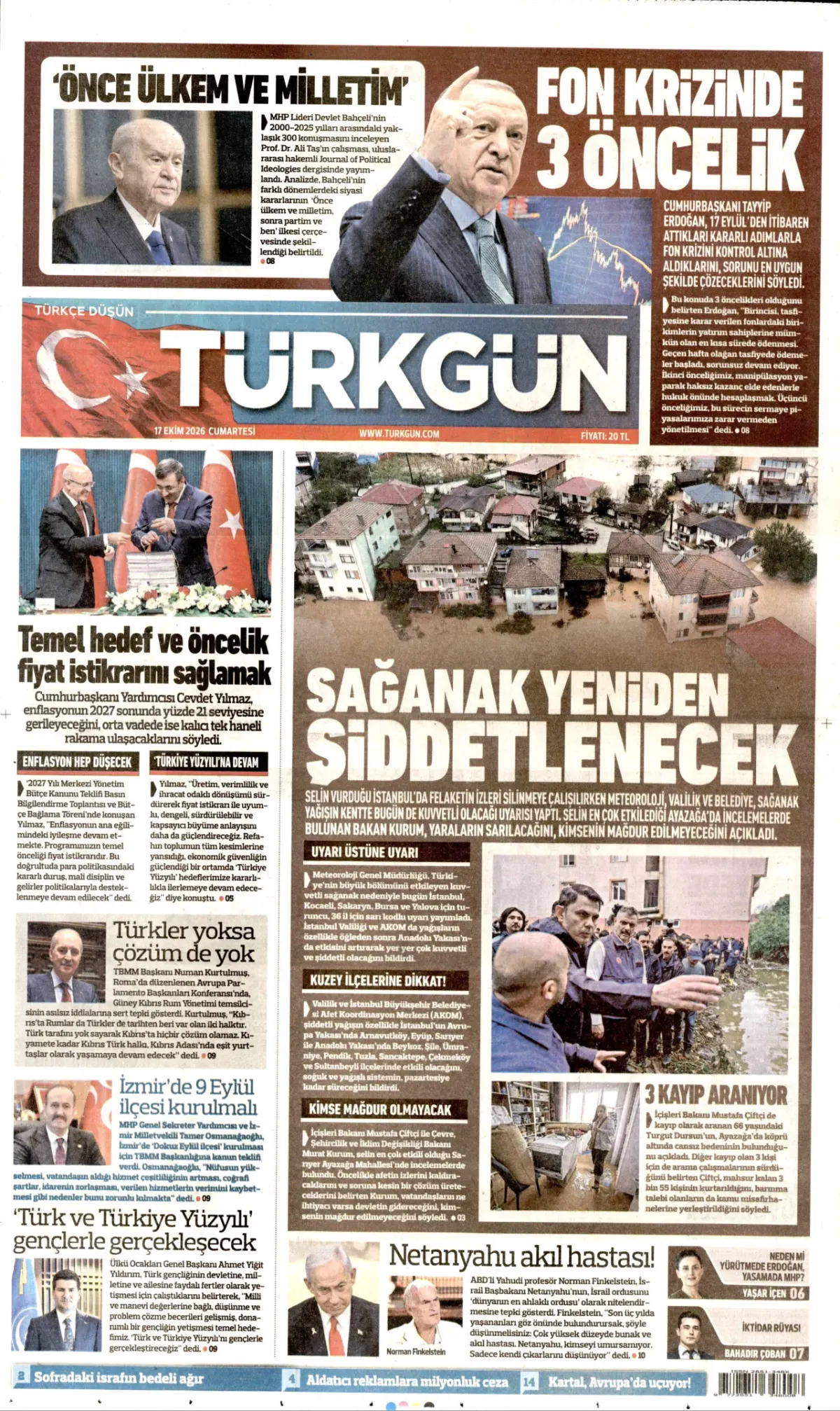 Türkgün birinci sayfa manşeti (18 Ekim 2026)