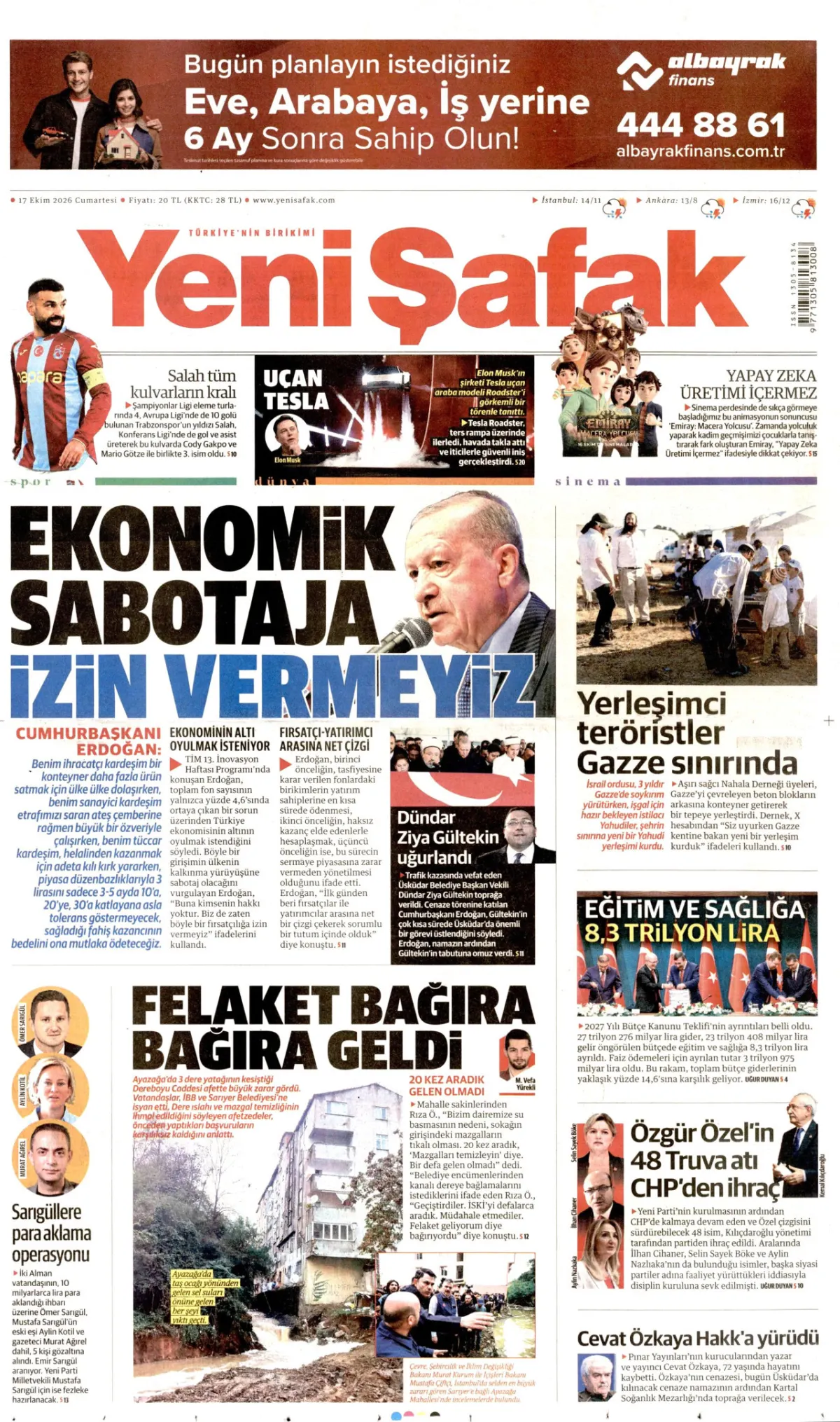 Yeni Şafak birinci sayfa manşeti (18 Ekim 2026)