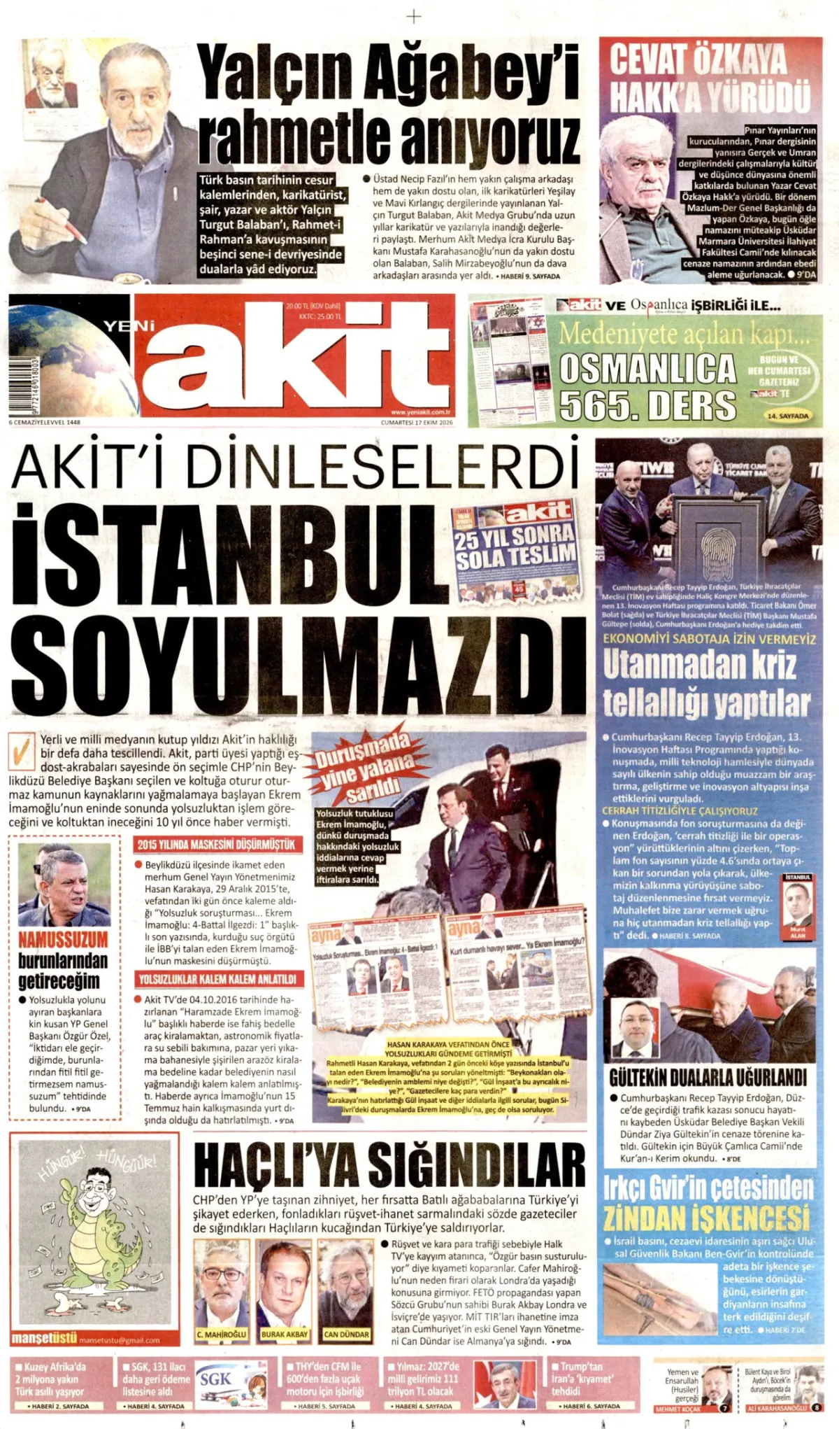 Yeni Akit birinci sayfa manşeti (18 Ekim 2026)