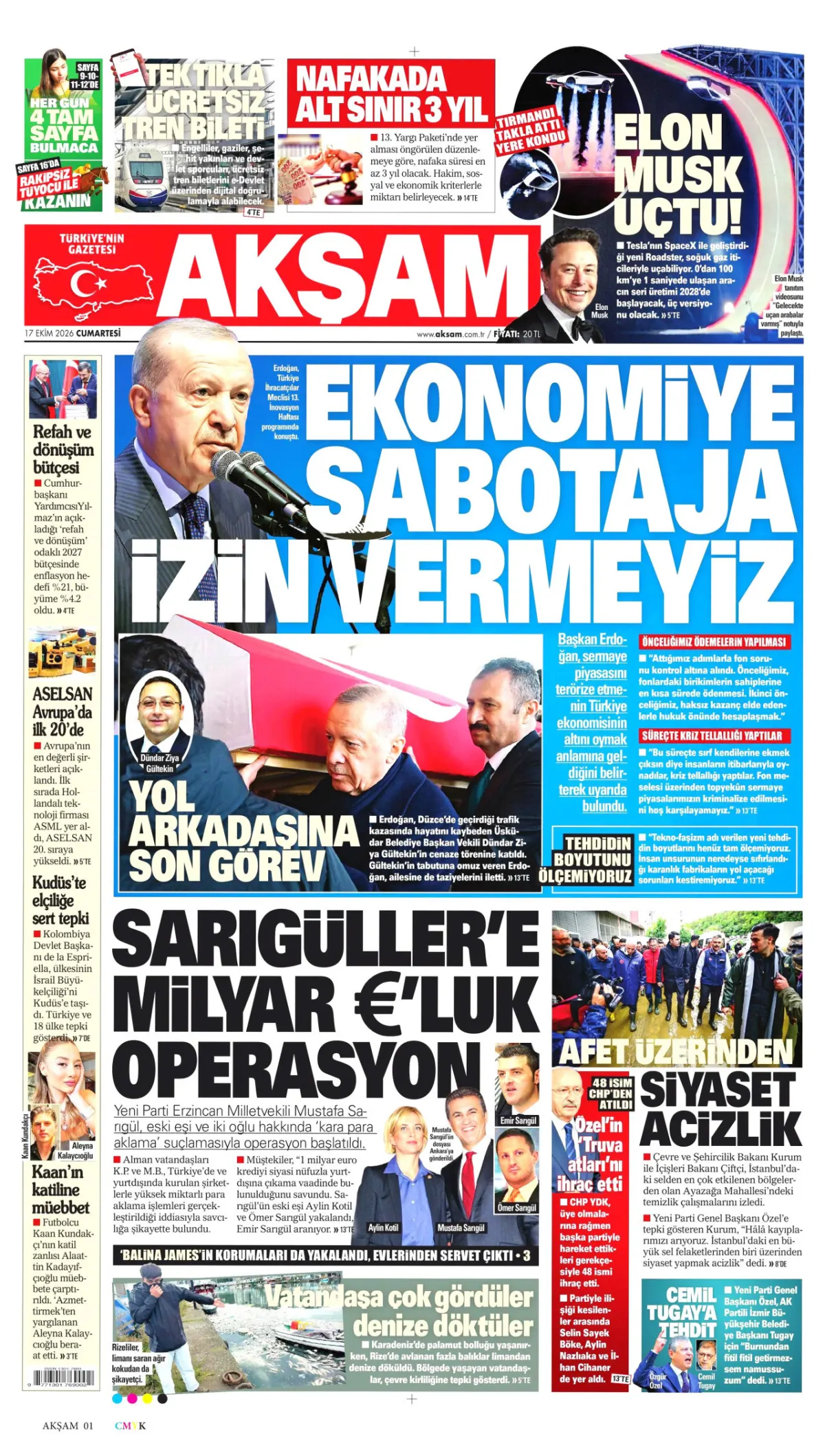 Akşam birinci sayfa manşeti (18 Ekim 2026)
