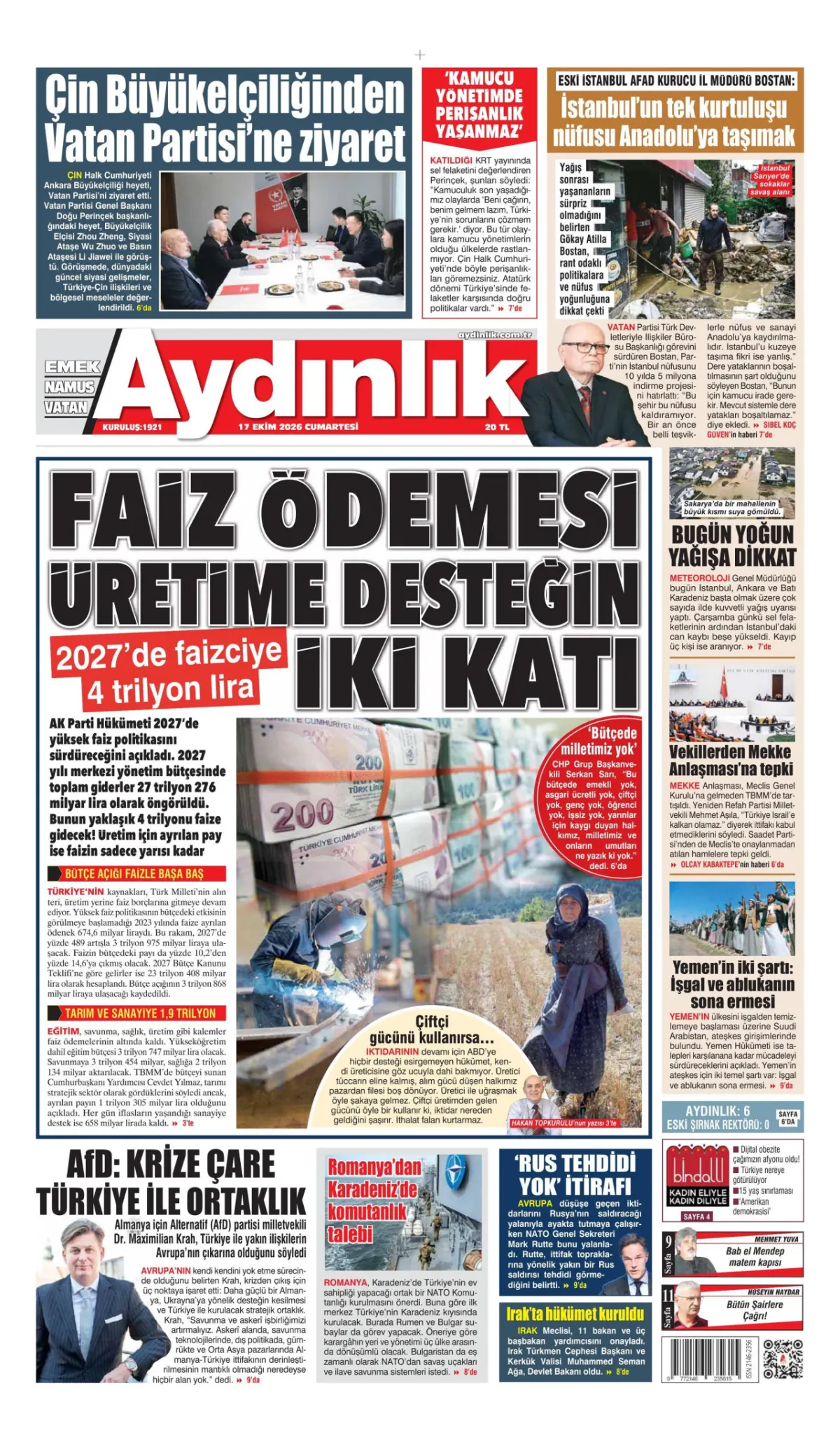 Aydınlık birinci sayfa manşeti (18 Ekim 2026)