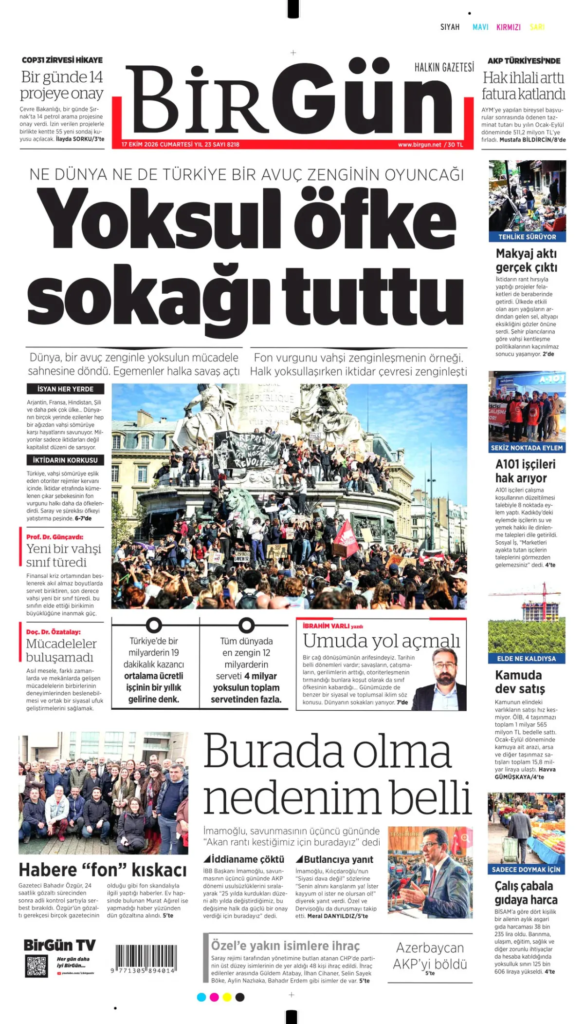 BirGün birinci sayfa manşeti (18 Ekim 2026)