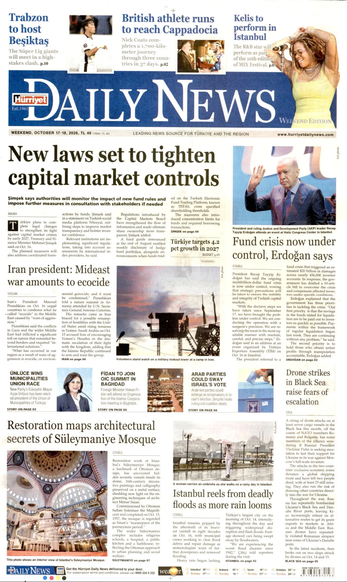 Hürriyet Daily News birinci sayfa manşeti (18 Ekim 2026)