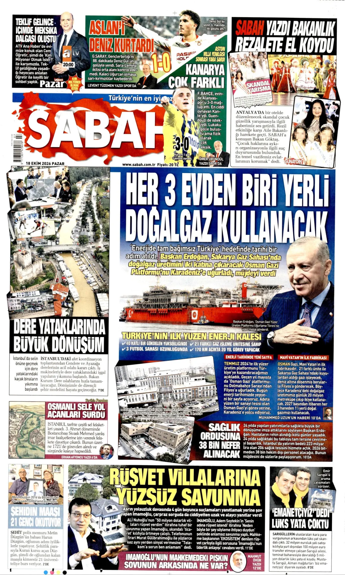 Sabah birinci sayfa manşeti (19 Ekim 2026)