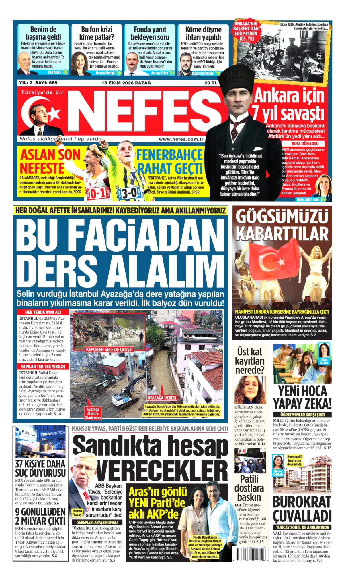 Nefes birinci sayfa manşeti (19 Ekim 2026)
