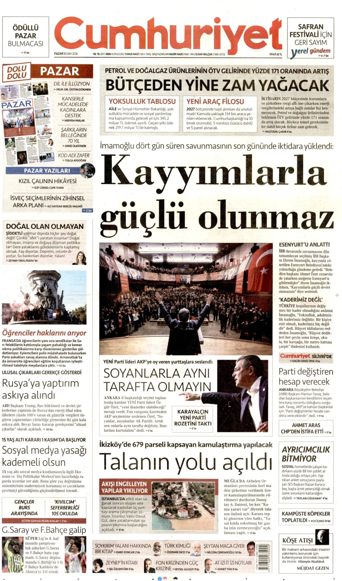 Cumhuriyet birinci sayfa manşeti (19 Ekim 2026)