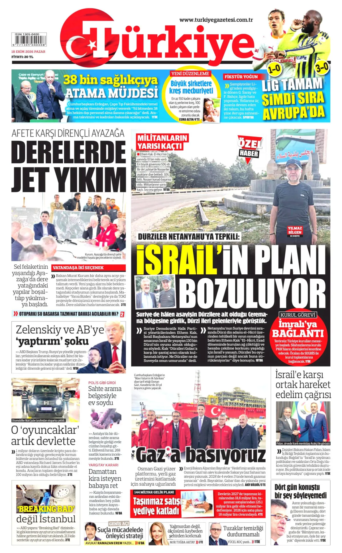 Türkiye birinci sayfa manşeti (19 Ekim 2026)