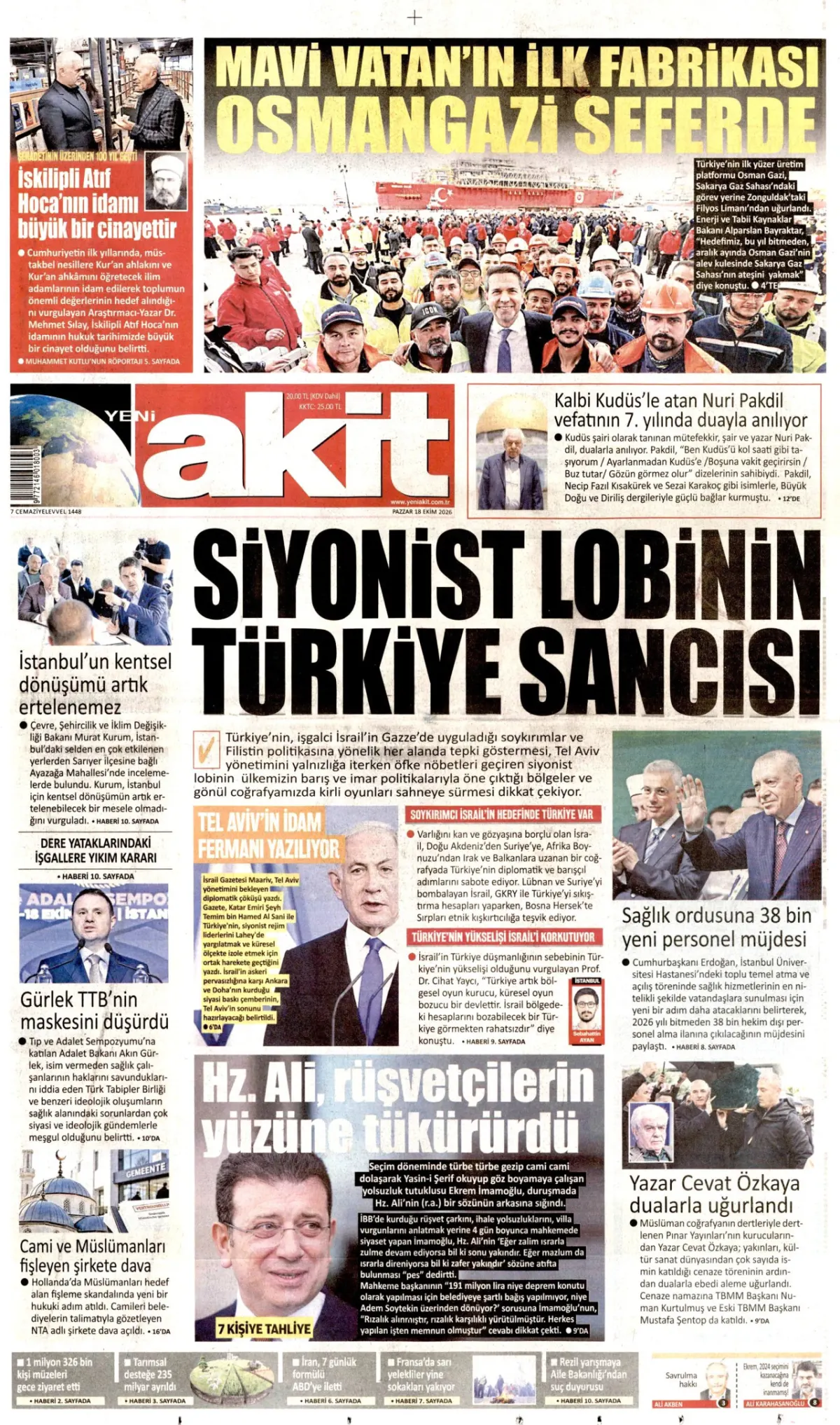 Yeni Akit birinci sayfa manşeti (19 Ekim 2026)
