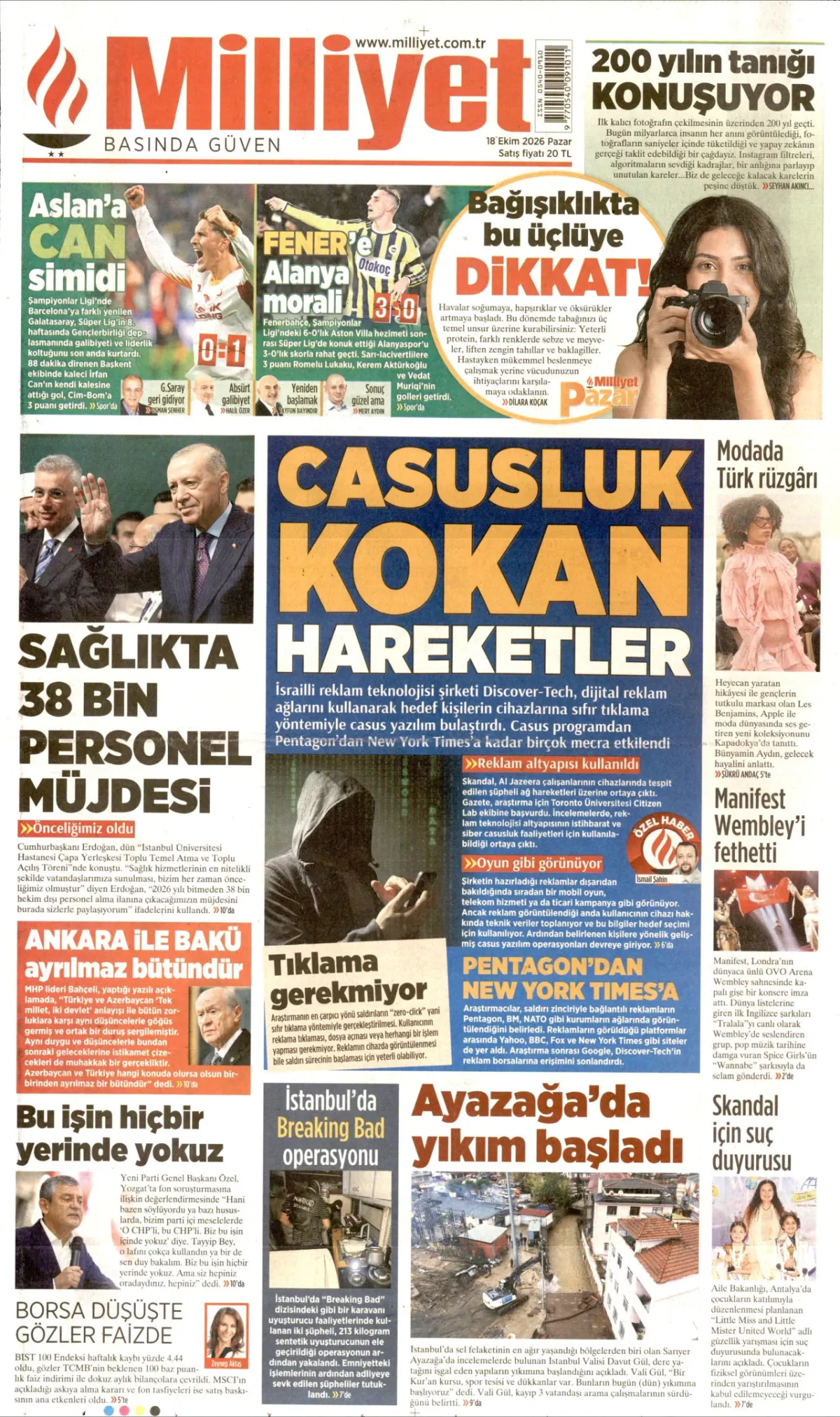Milliyet birinci sayfa manşeti (19 Ekim 2026)