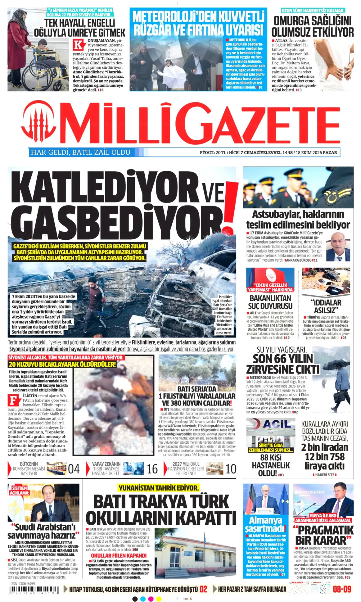 Milli birinci sayfa manşeti (19 Ekim 2026)