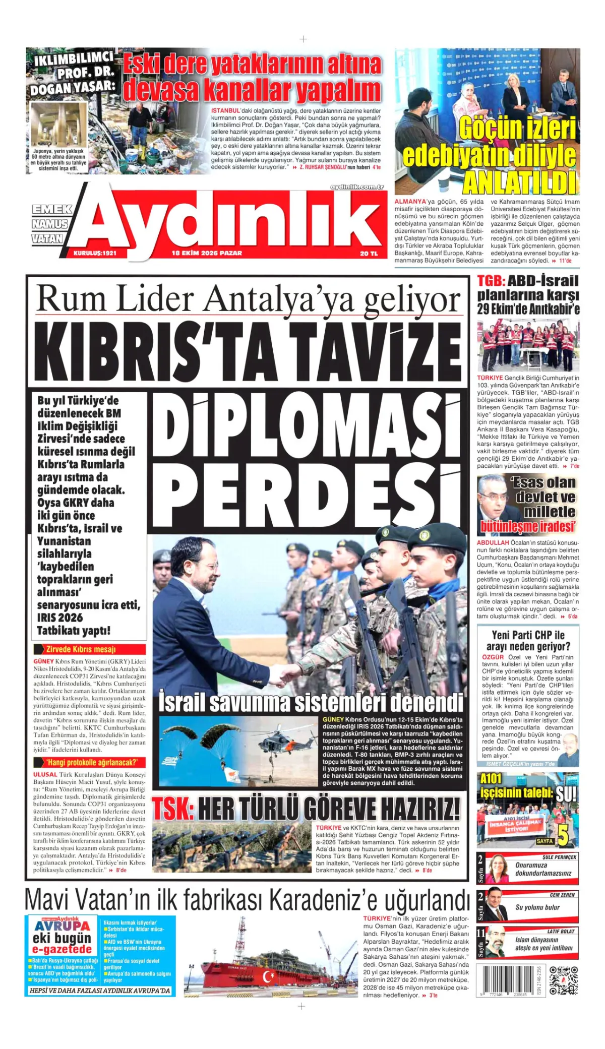 Aydınlık birinci sayfa manşeti (19 Ekim 2026)