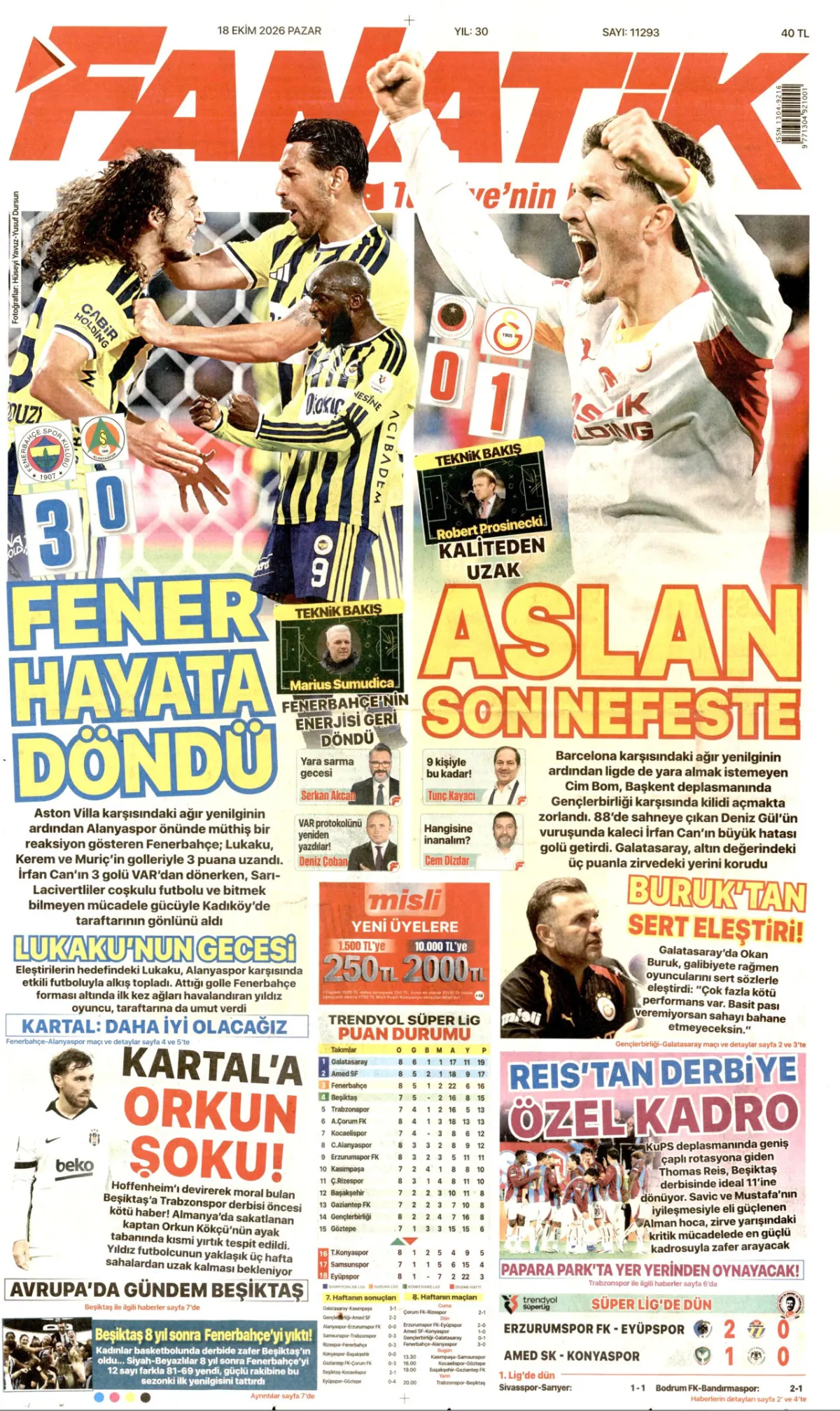 Fanatik birinci sayfa manşeti (19 Ekim 2026)