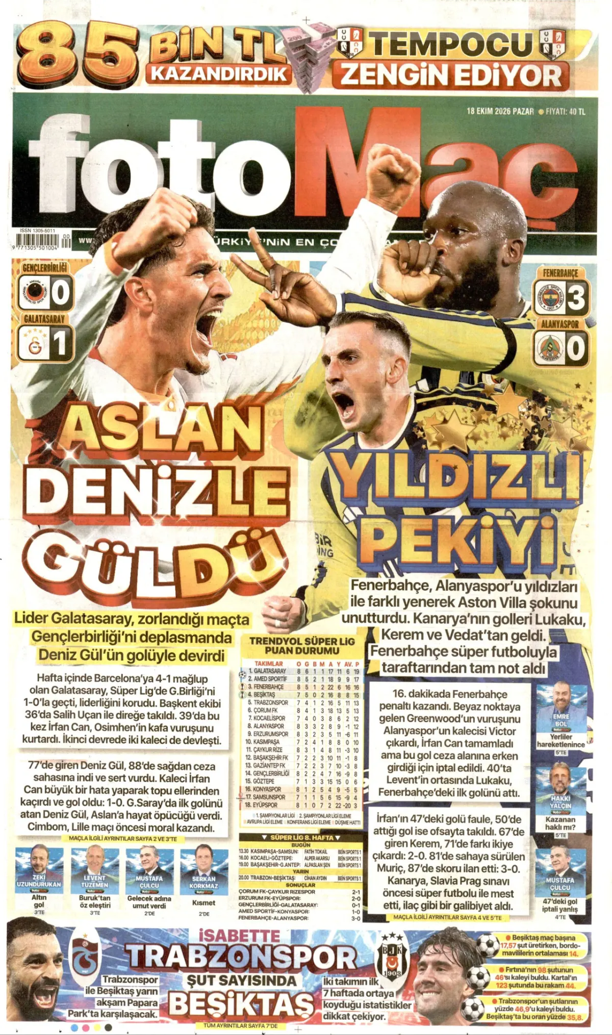 Fotomaç birinci sayfa manşeti (19 Ekim 2026)