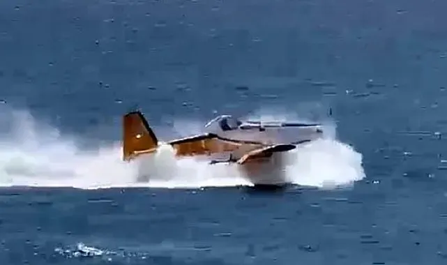 Çanakkale'de denizden su alan yangın söndürme uçağının kalkış yapamadığı anlar ortaya çıktı