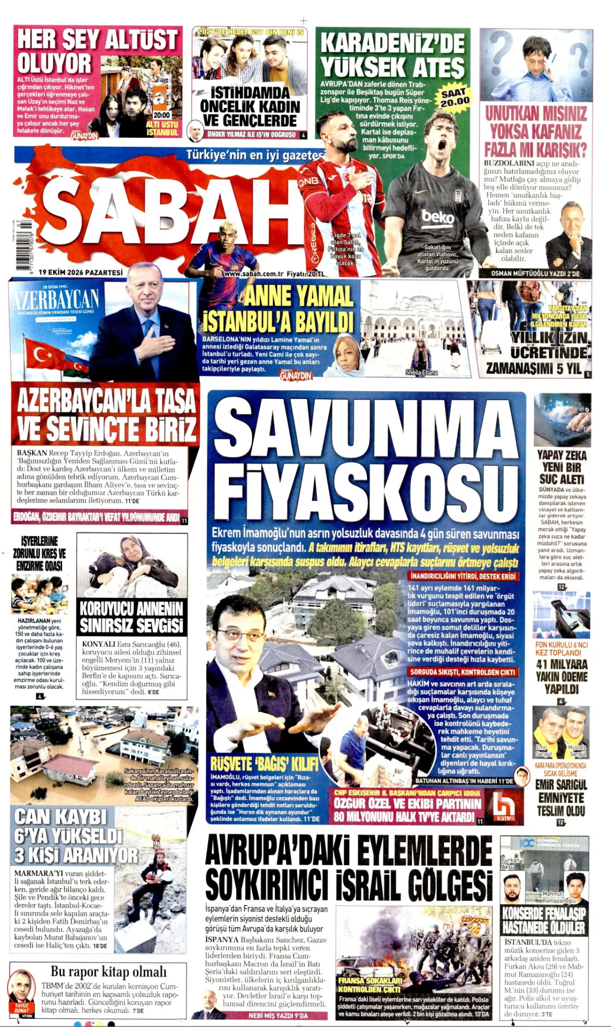 Sabah birinci sayfa manşeti (20 Ekim 2026)