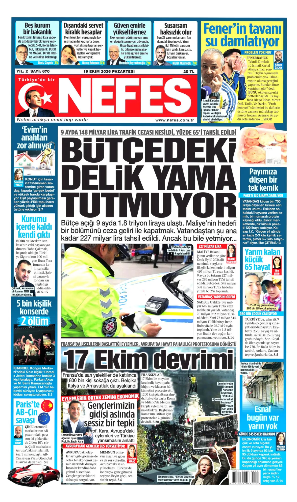 Nefes birinci sayfa manşeti (20 Ekim 2026)