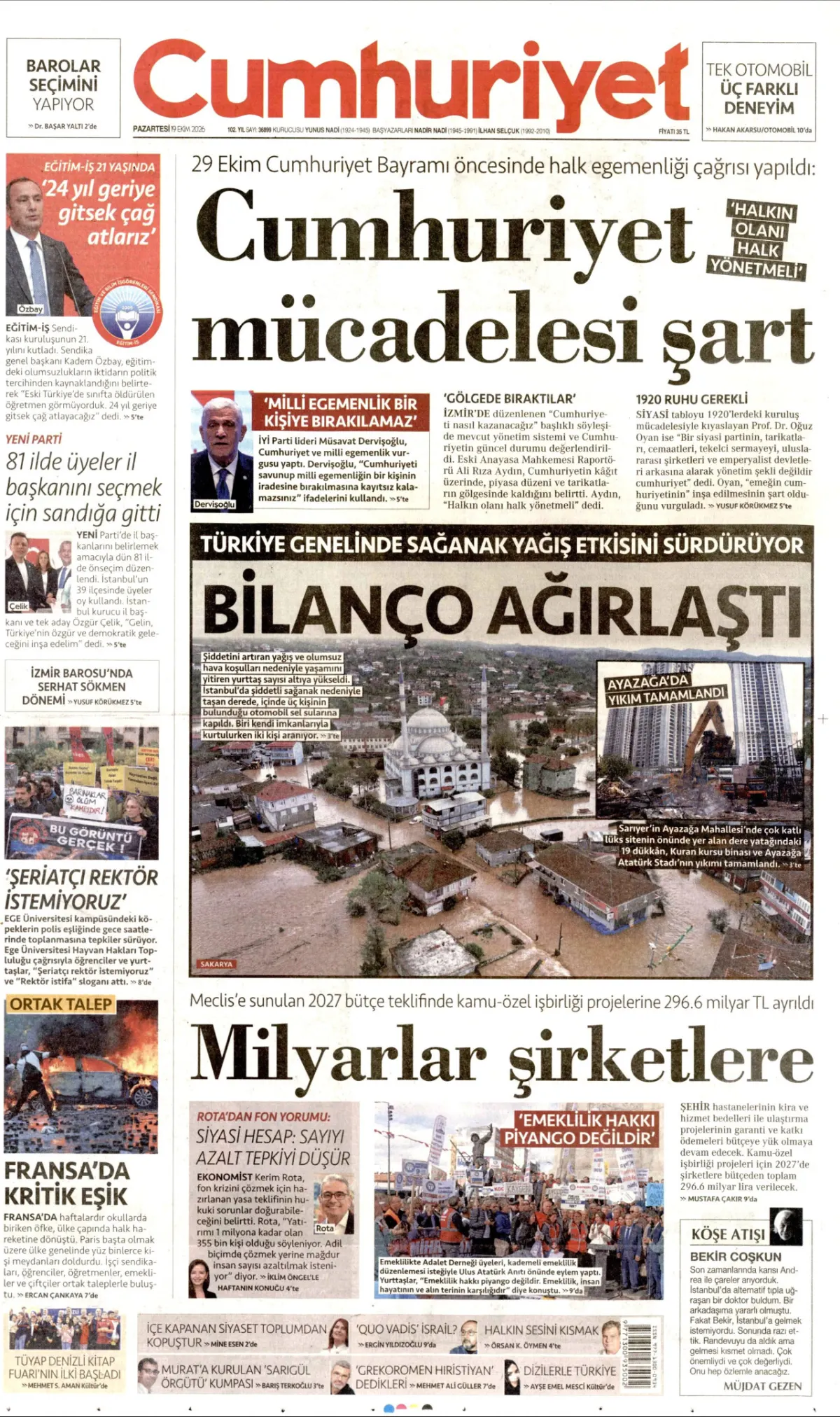 Cumhuriyet birinci sayfa manşeti (20 Ekim 2026)