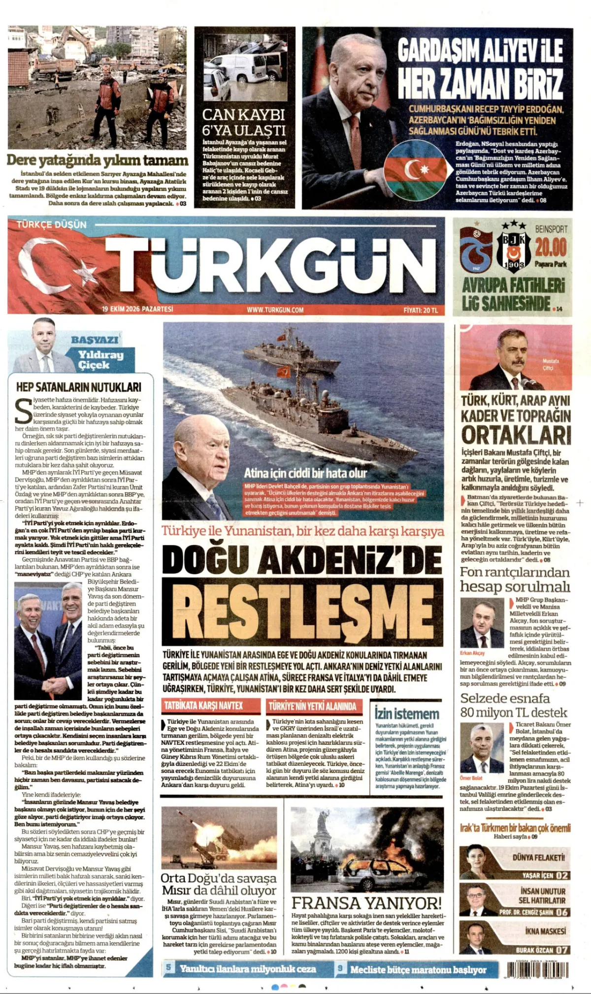 Türkgün birinci sayfa manşeti (20 Ekim 2026)