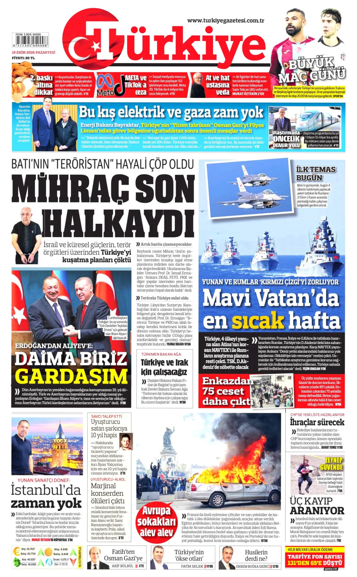 Türkiye birinci sayfa manşeti (20 Ekim 2026)