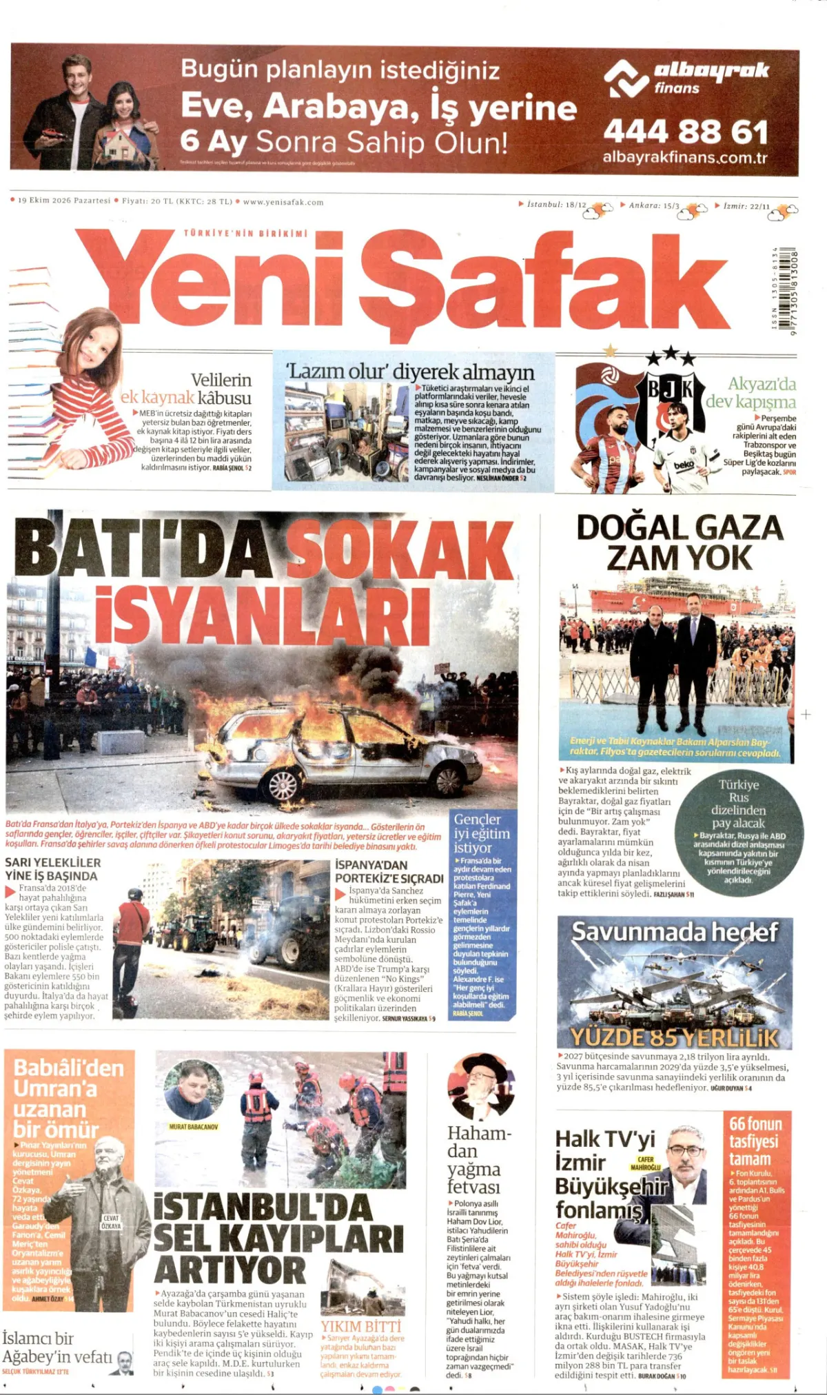 Yeni Şafak birinci sayfa manşeti (20 Ekim 2026)