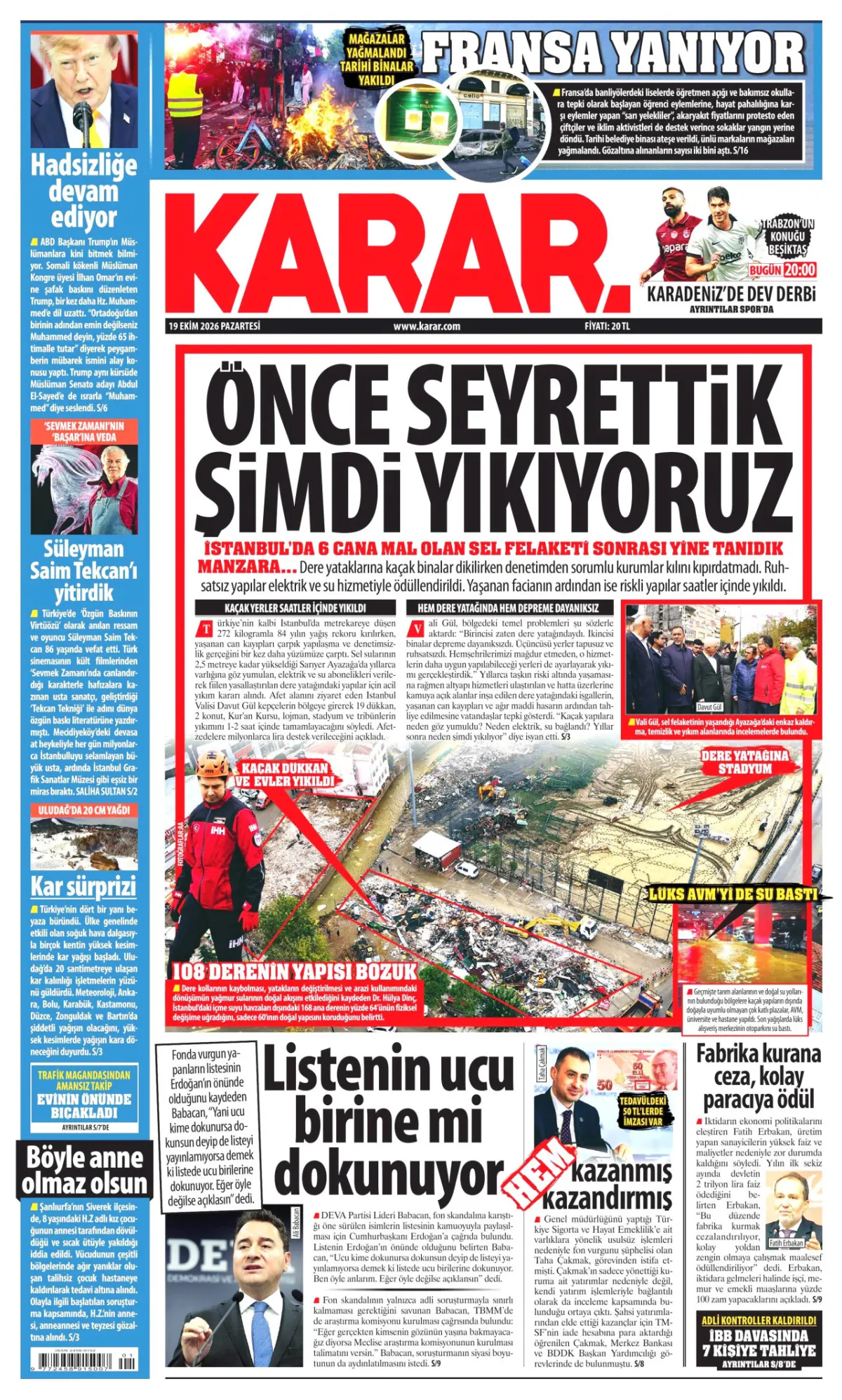 Karar birinci sayfa manşeti (20 Ekim 2026)