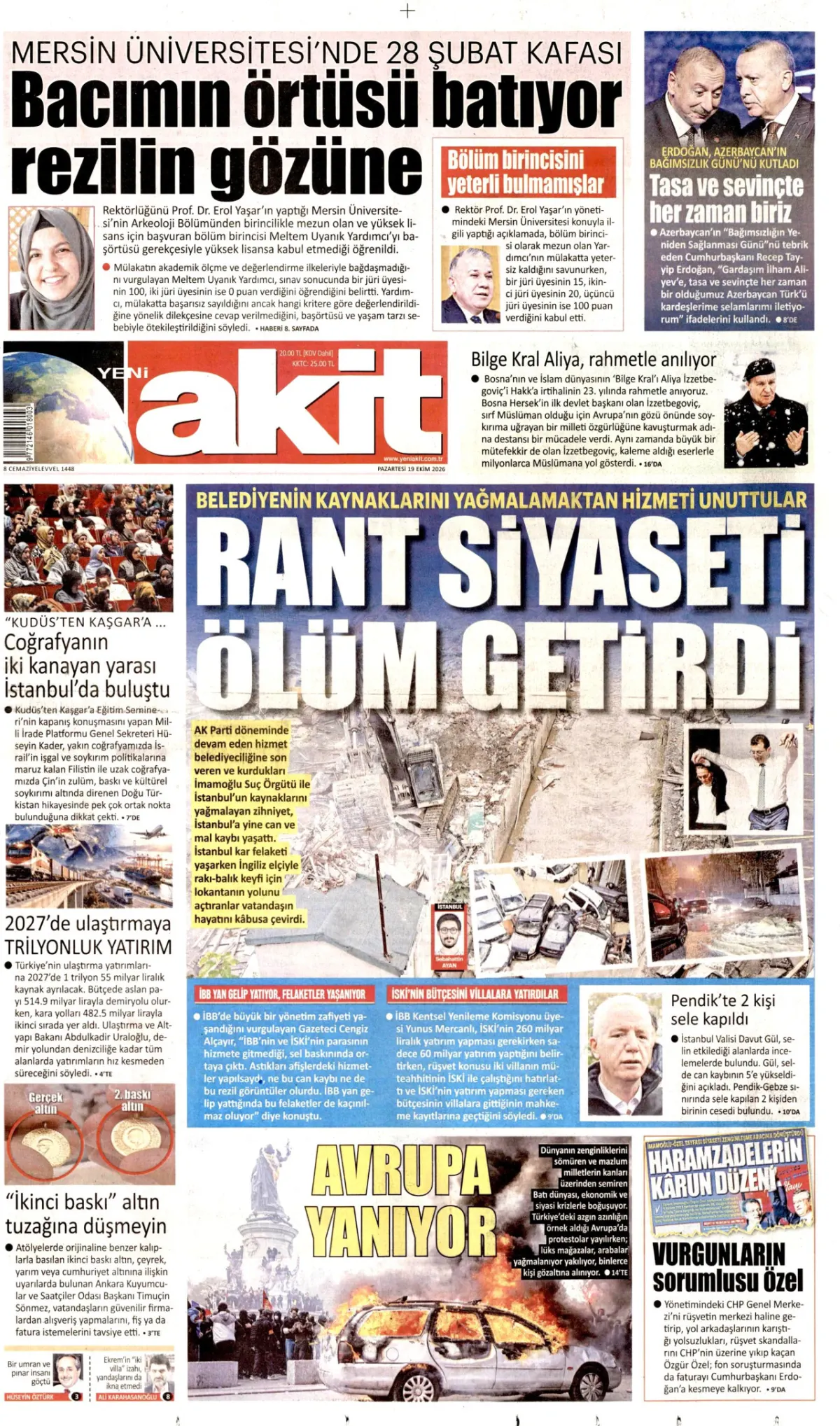 Yeni Akit birinci sayfa manşeti (20 Ekim 2026)
