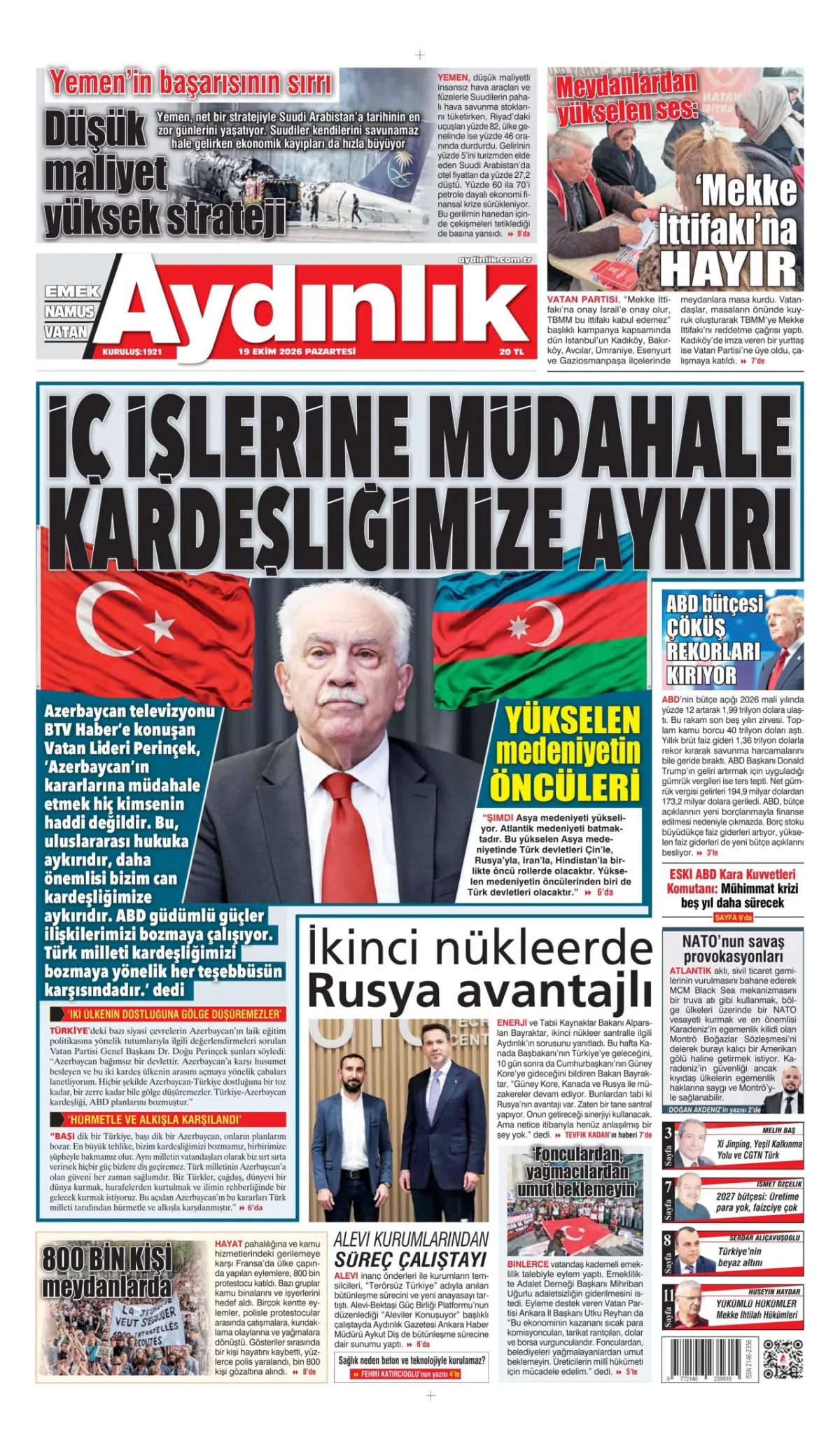Aydınlık birinci sayfa manşeti (20 Ekim 2026)