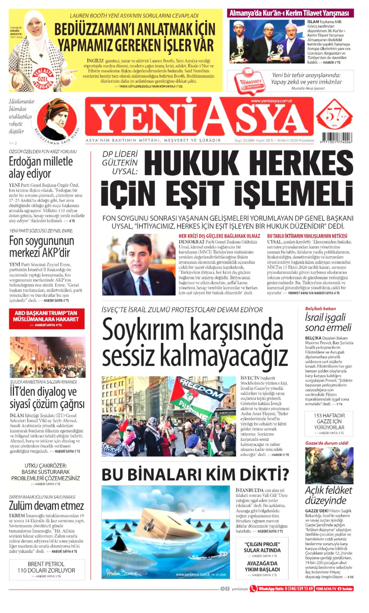 Yeni Asya birinci sayfa manşeti (20 Ekim 2026)