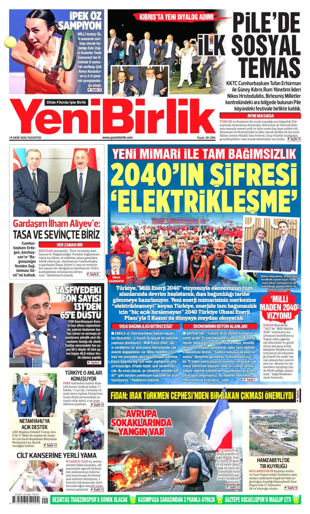 YeniBirlik birinci sayfa manşeti (20 Ekim 2026)