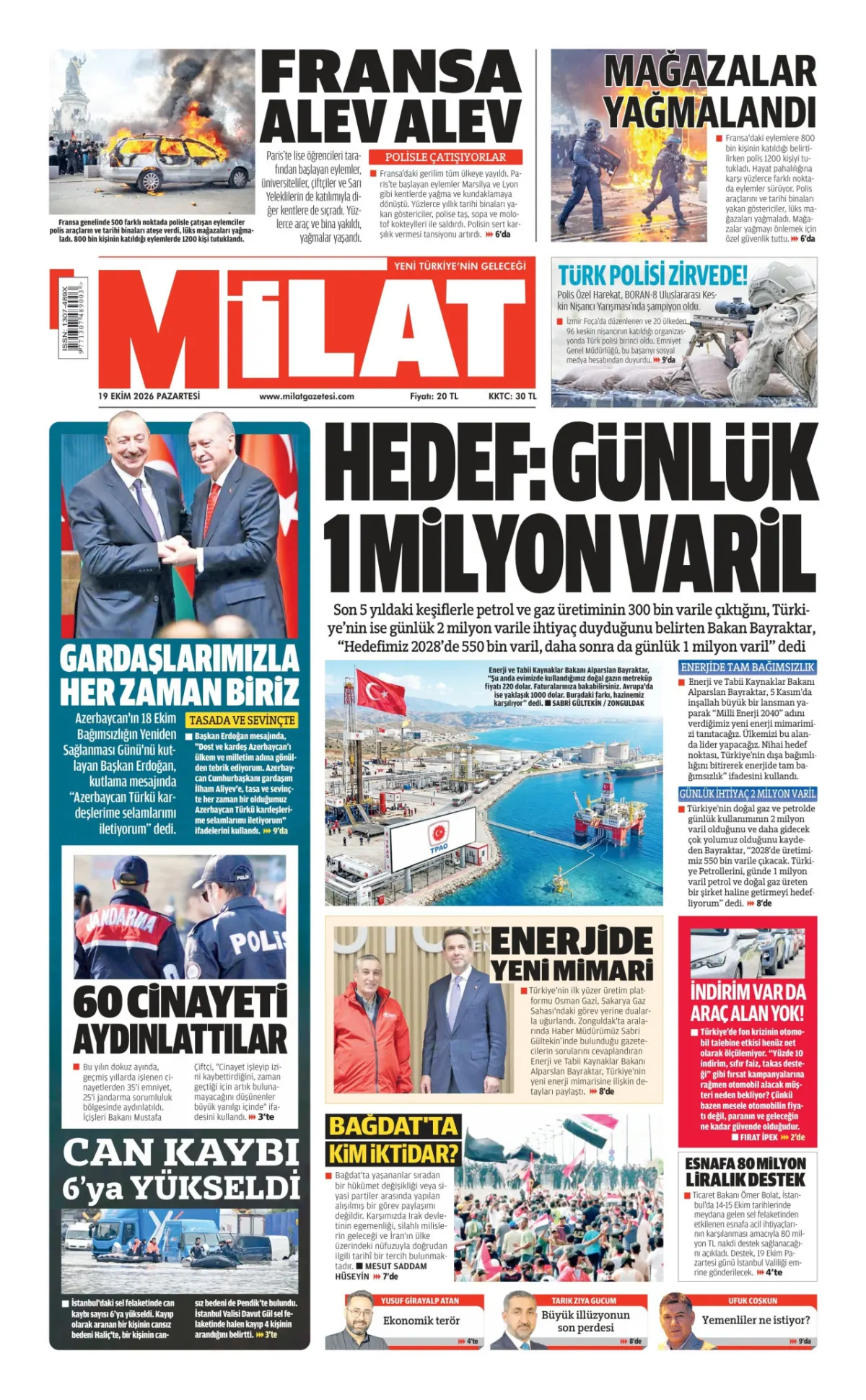 Milat birinci sayfa manşeti (20 Ekim 2026)
