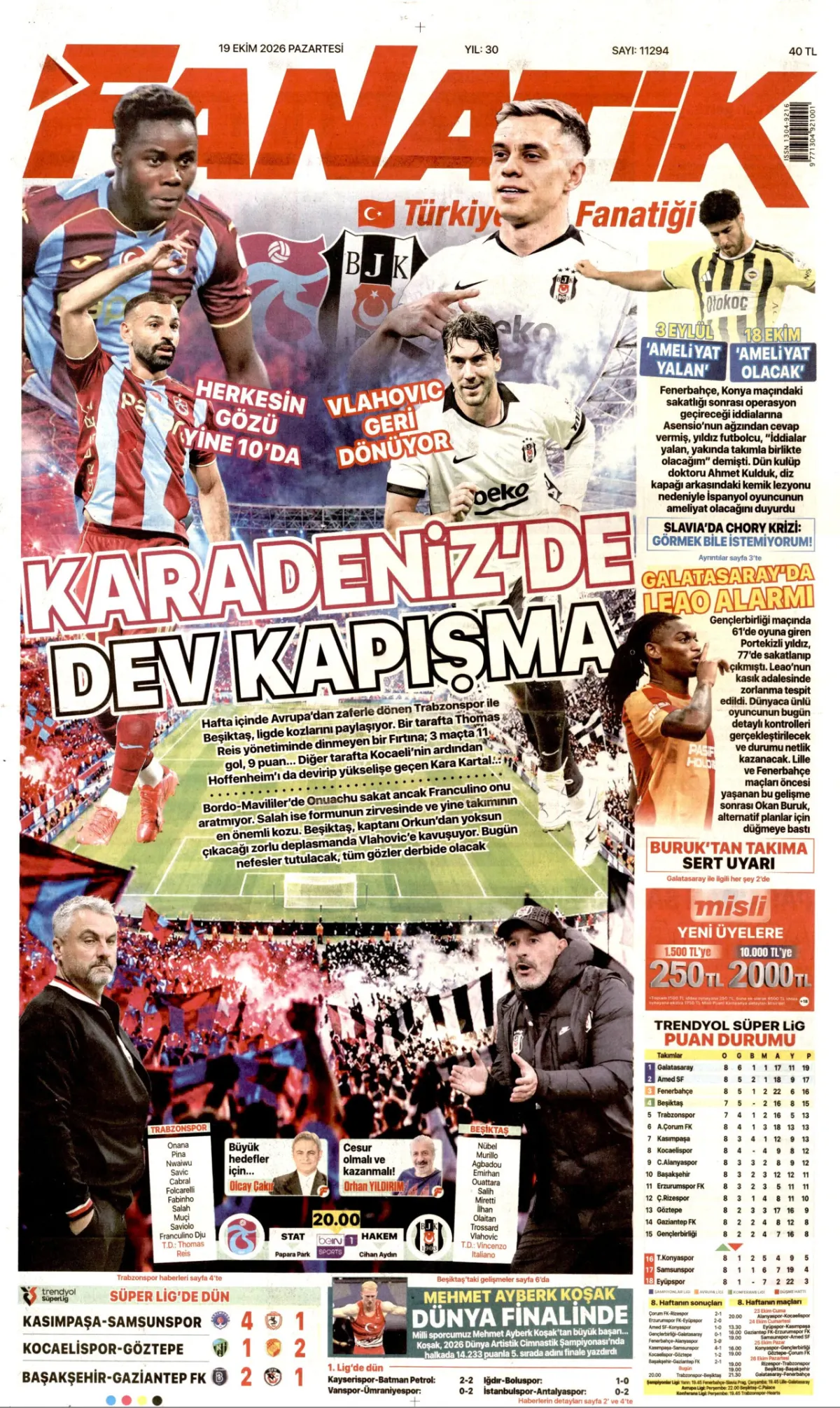 Fanatik birinci sayfa manşeti (20 Ekim 2026)