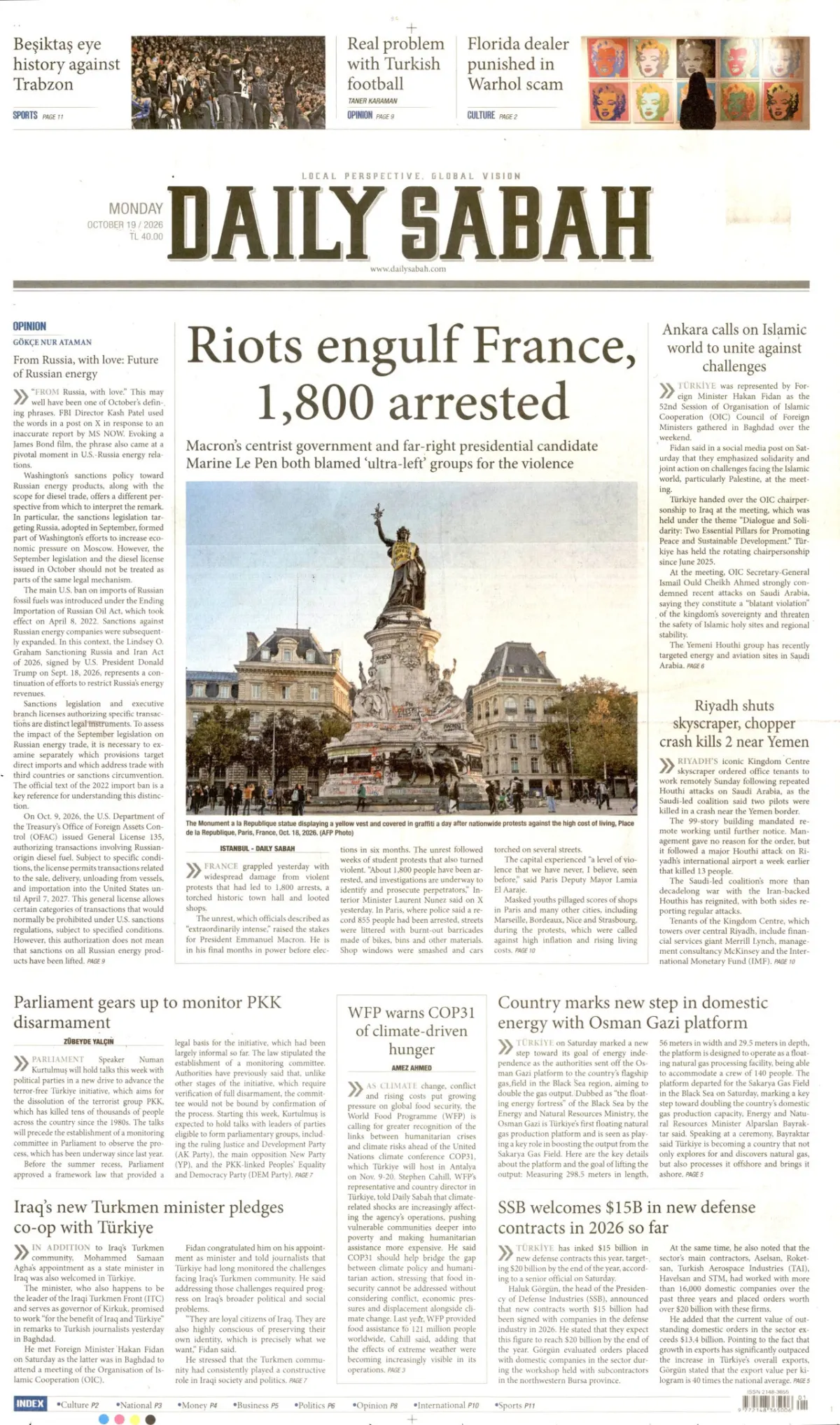 Daily Sabah birinci sayfa manşeti (20 Ekim 2026)