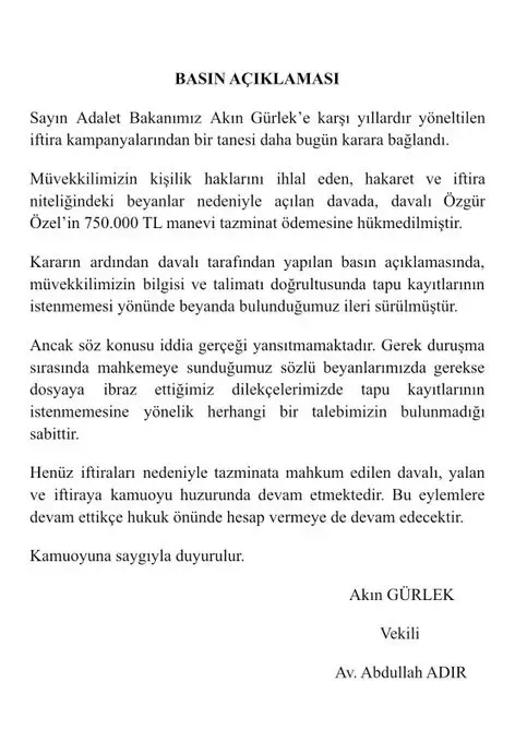 Özgür Özel’e Akın Gürlek Davasında 750 Bin Lira Tazminat Cezası