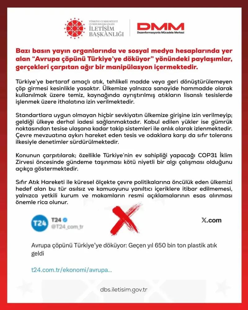Dezenformasyonla Mücadele Merkezi Tarafından Çöp İthalatı İddialarına Yalanlama
