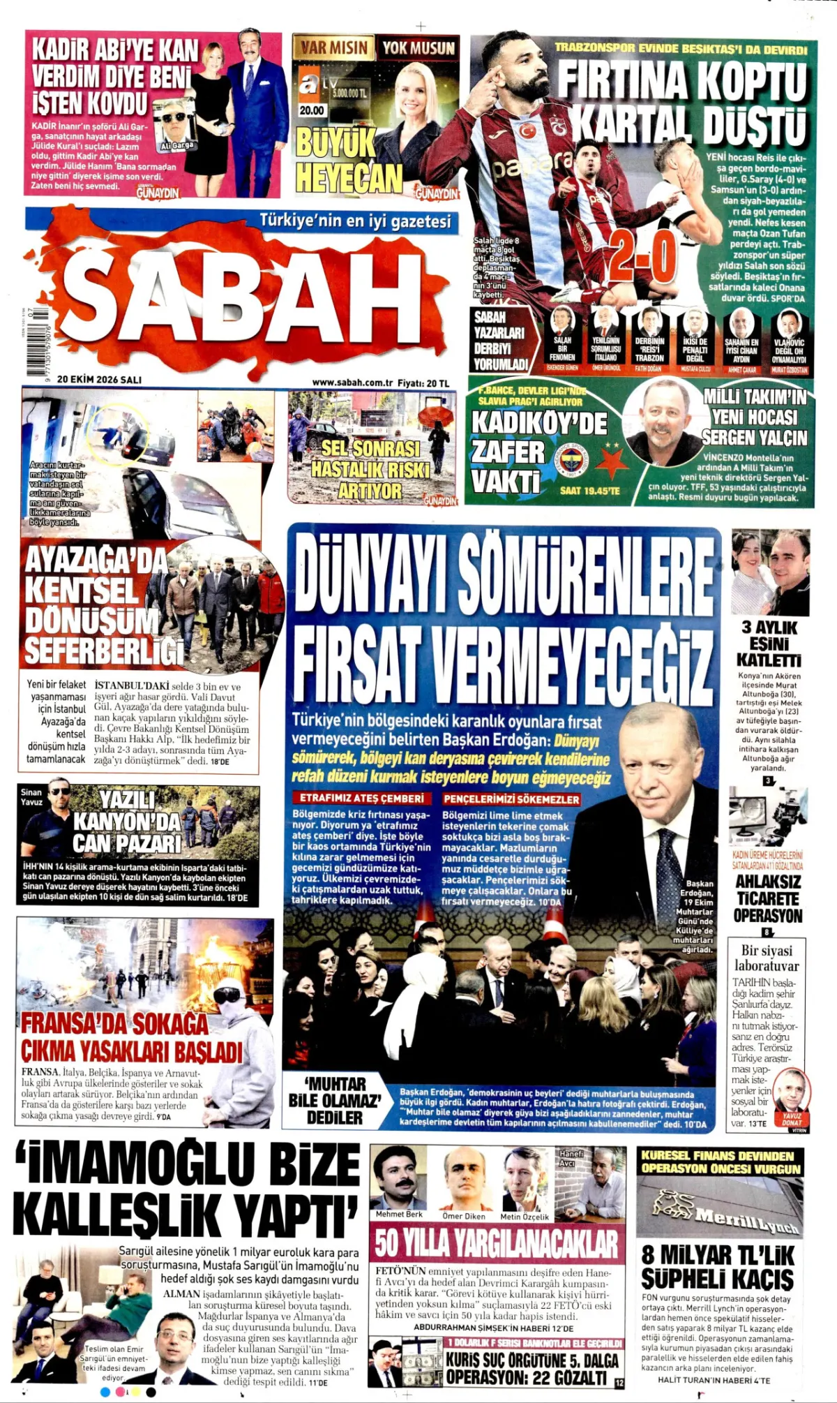 Sabah birinci sayfa manşeti (21 Ekim 2026)