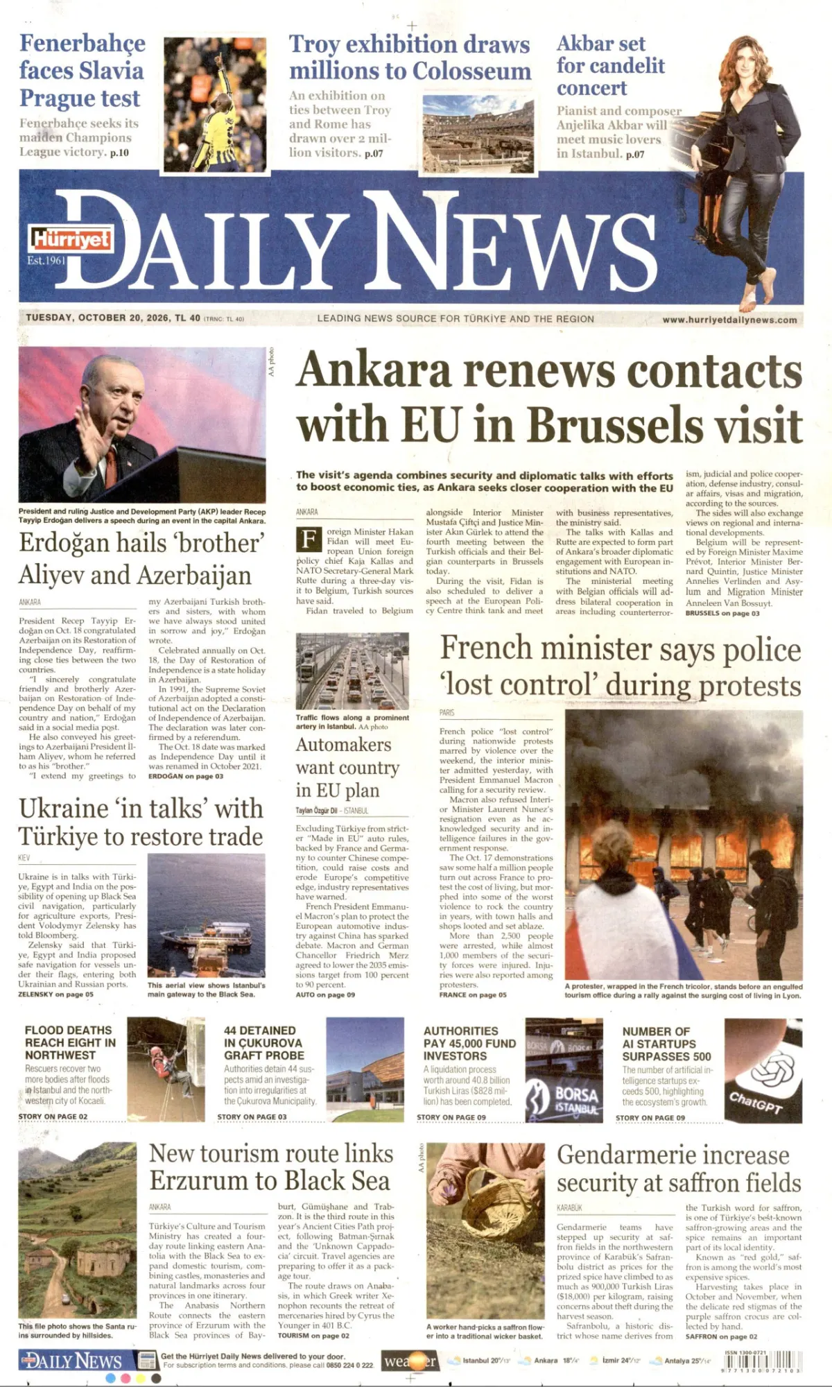 Hürriyet Daily News birinci sayfa manşeti (21 Ekim 2026)