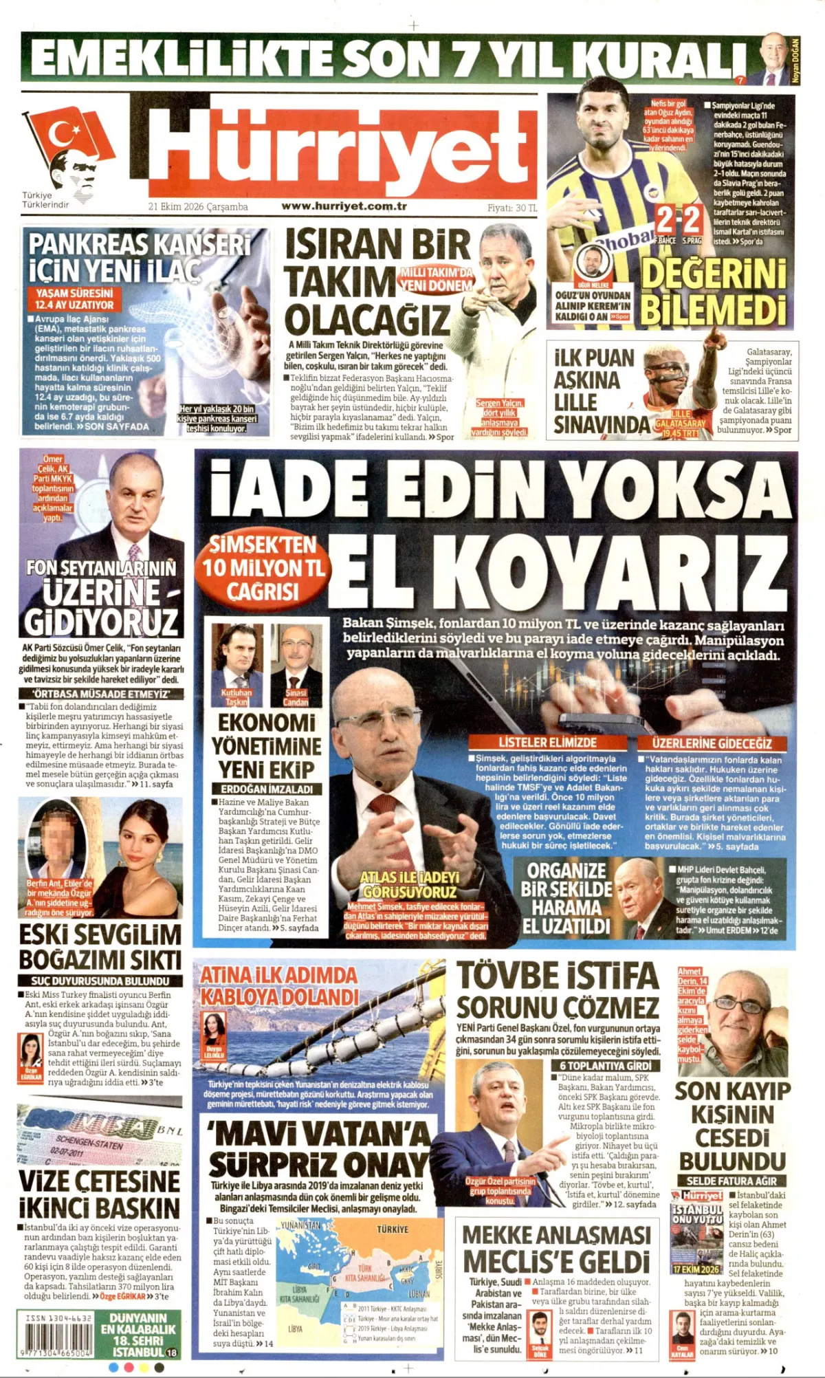 Hürriyet birinci sayfa manşeti (22 Ekim 2026)