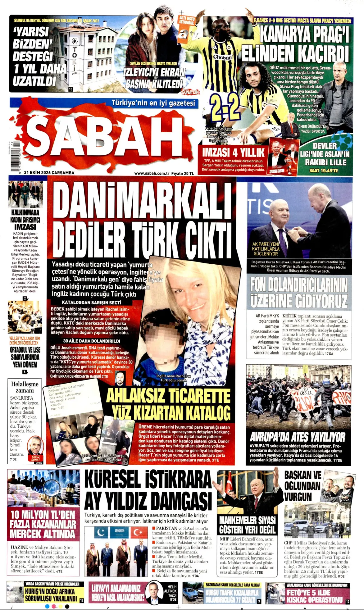 Sabah birinci sayfa manşeti (22 Ekim 2026)
