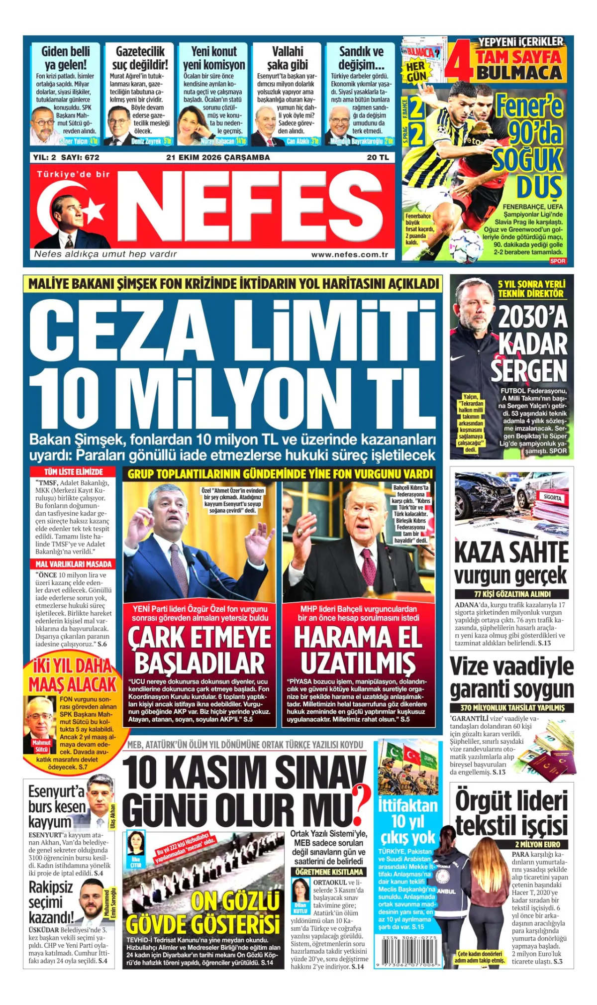 Nefes birinci sayfa manşeti (22 Ekim 2026)