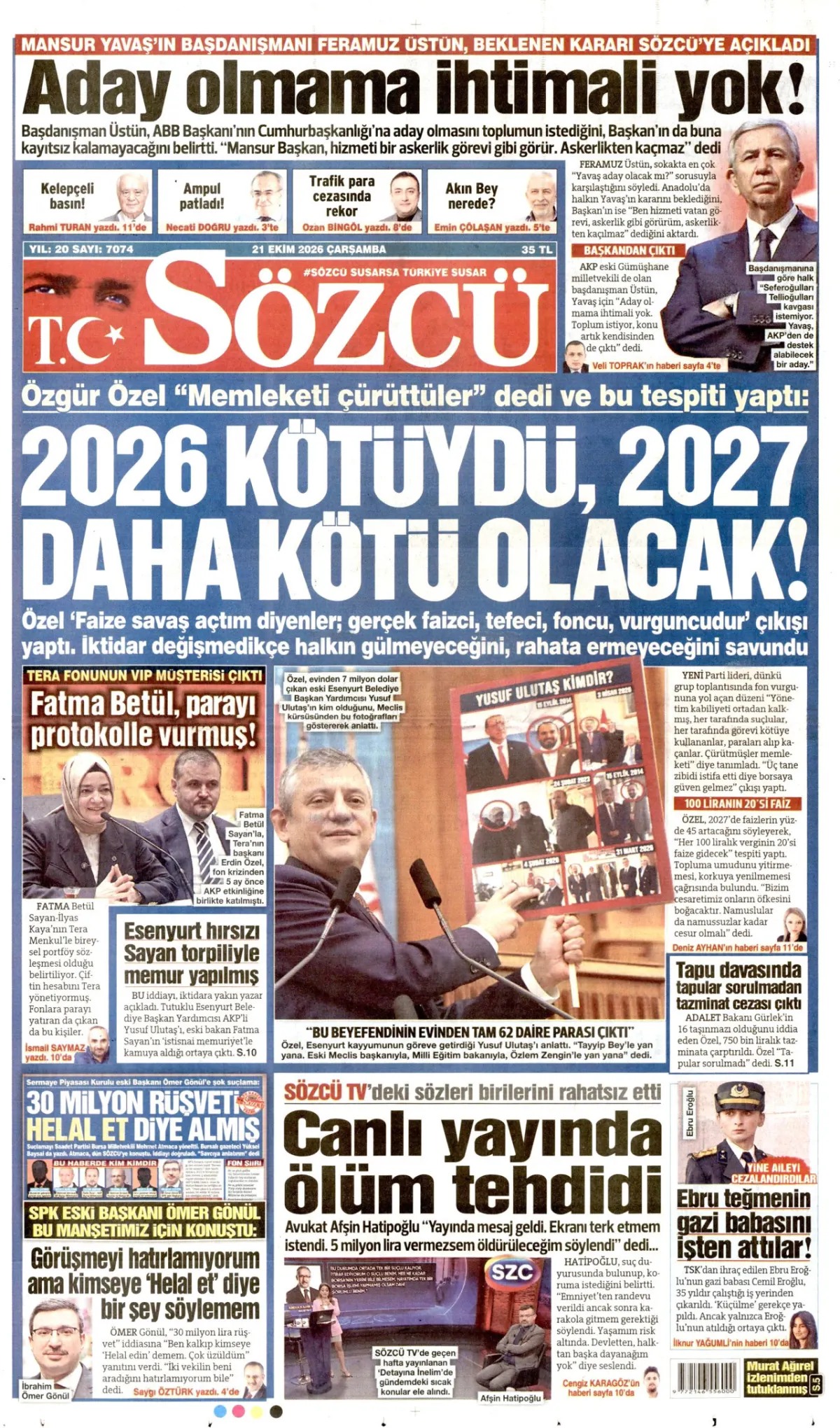 Sözcü birinci sayfa manşeti (22 Ekim 2026)